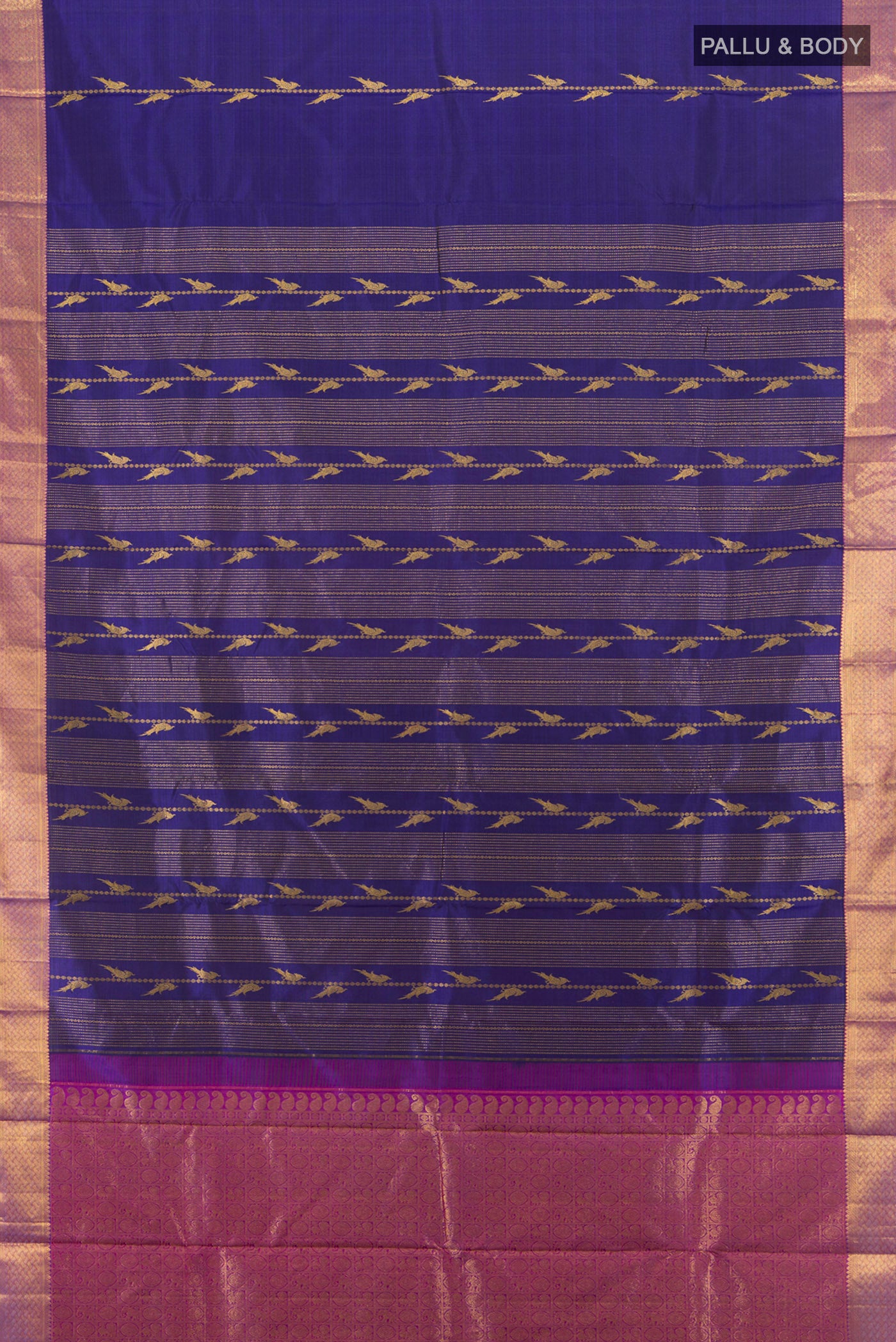 Flat view of Navy Blue Kanjivaram Silk Saree with Zari Butta on the body and Silk Border. 