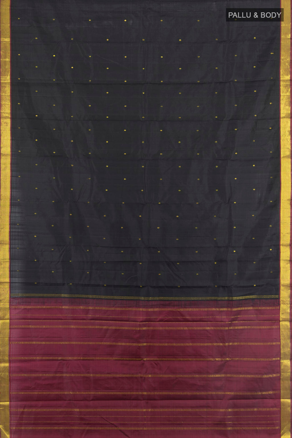Flat view of Black Kanjivaram Silk Saree with Zari Butta on the body and Zari Border. 