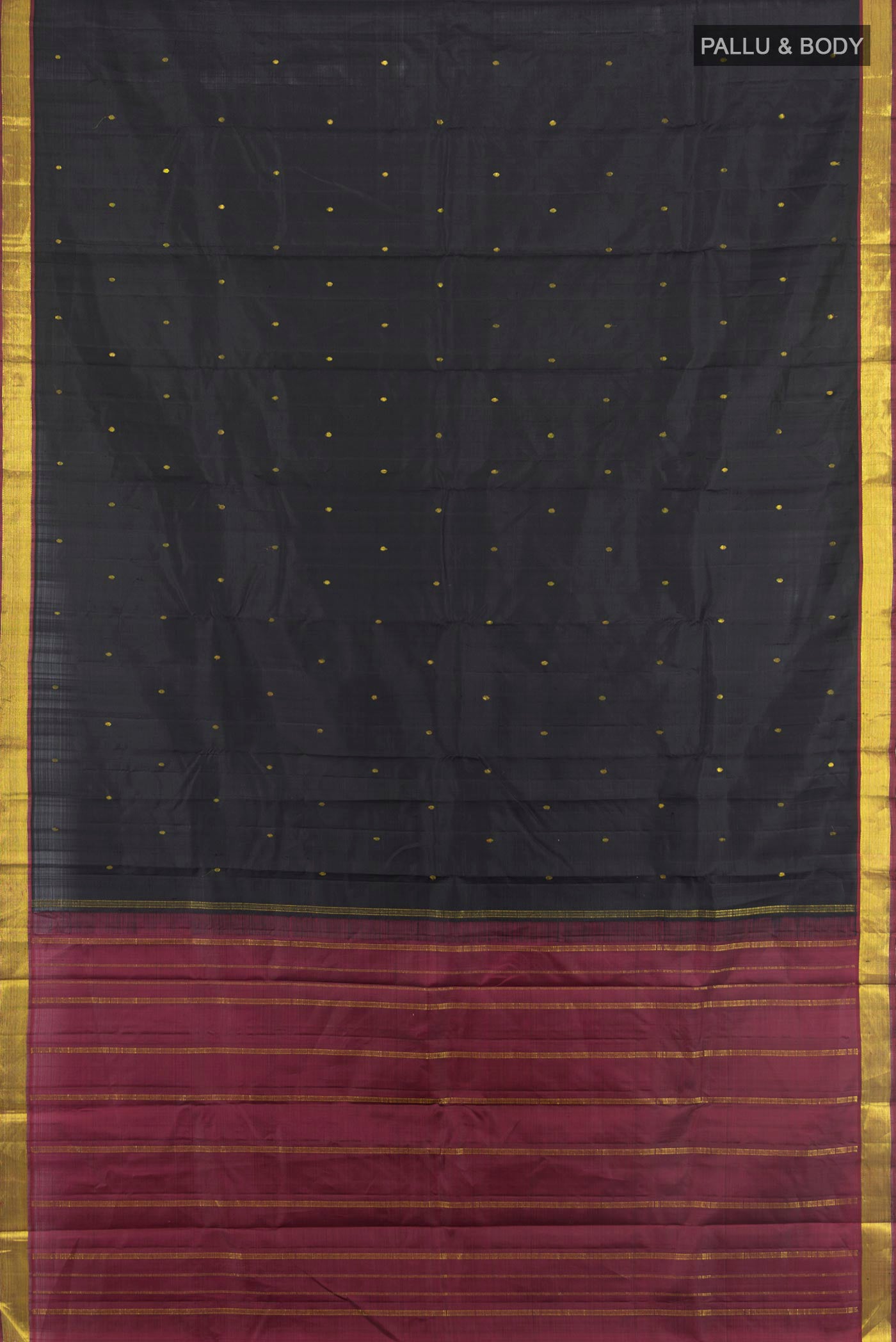 Flat view of Black Kanjivaram Silk Saree with Zari Butta on the body and Zari Border. 