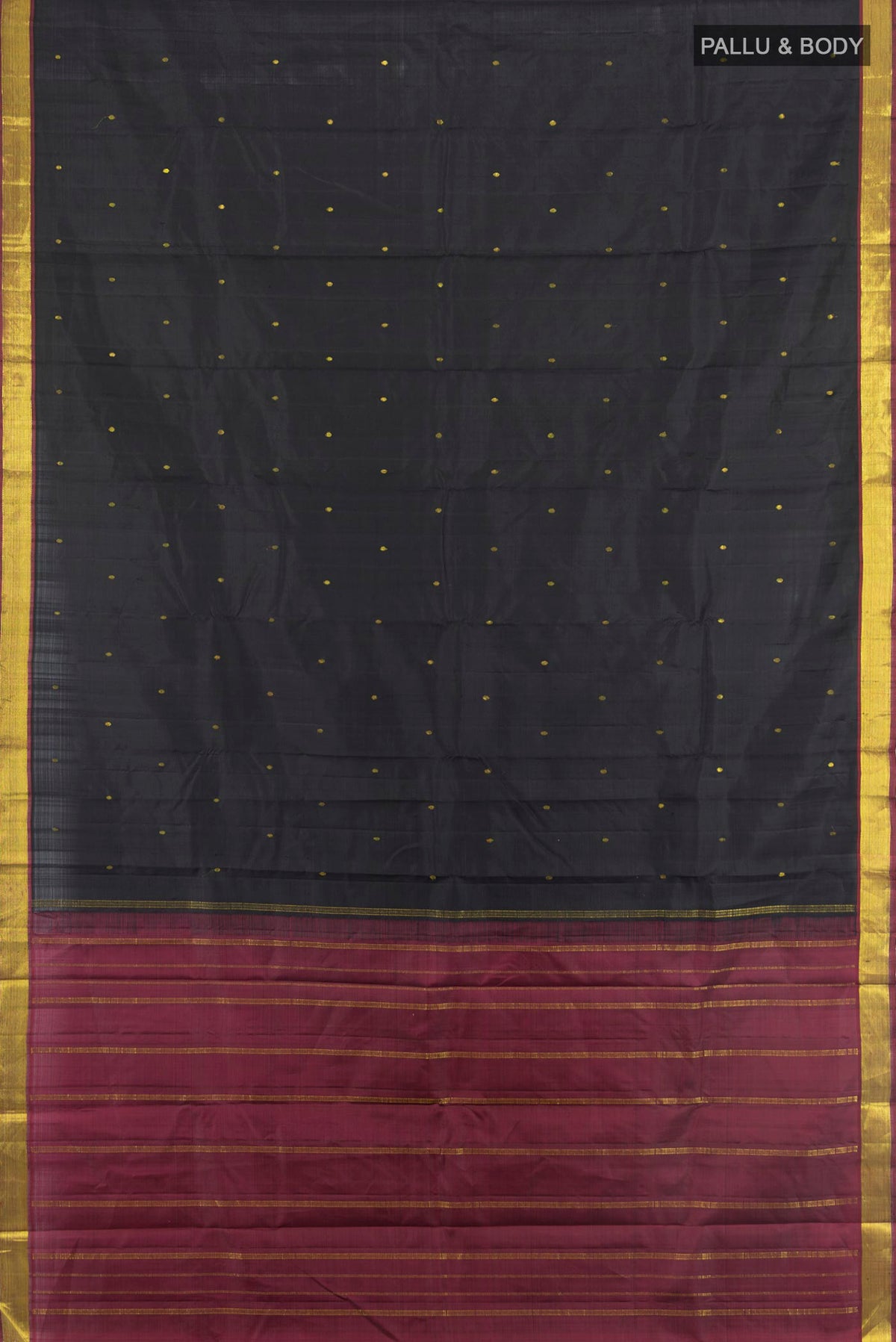 Flat view of Black Kanjivaram Silk Saree with Zari Butta on the body and Zari Border. 