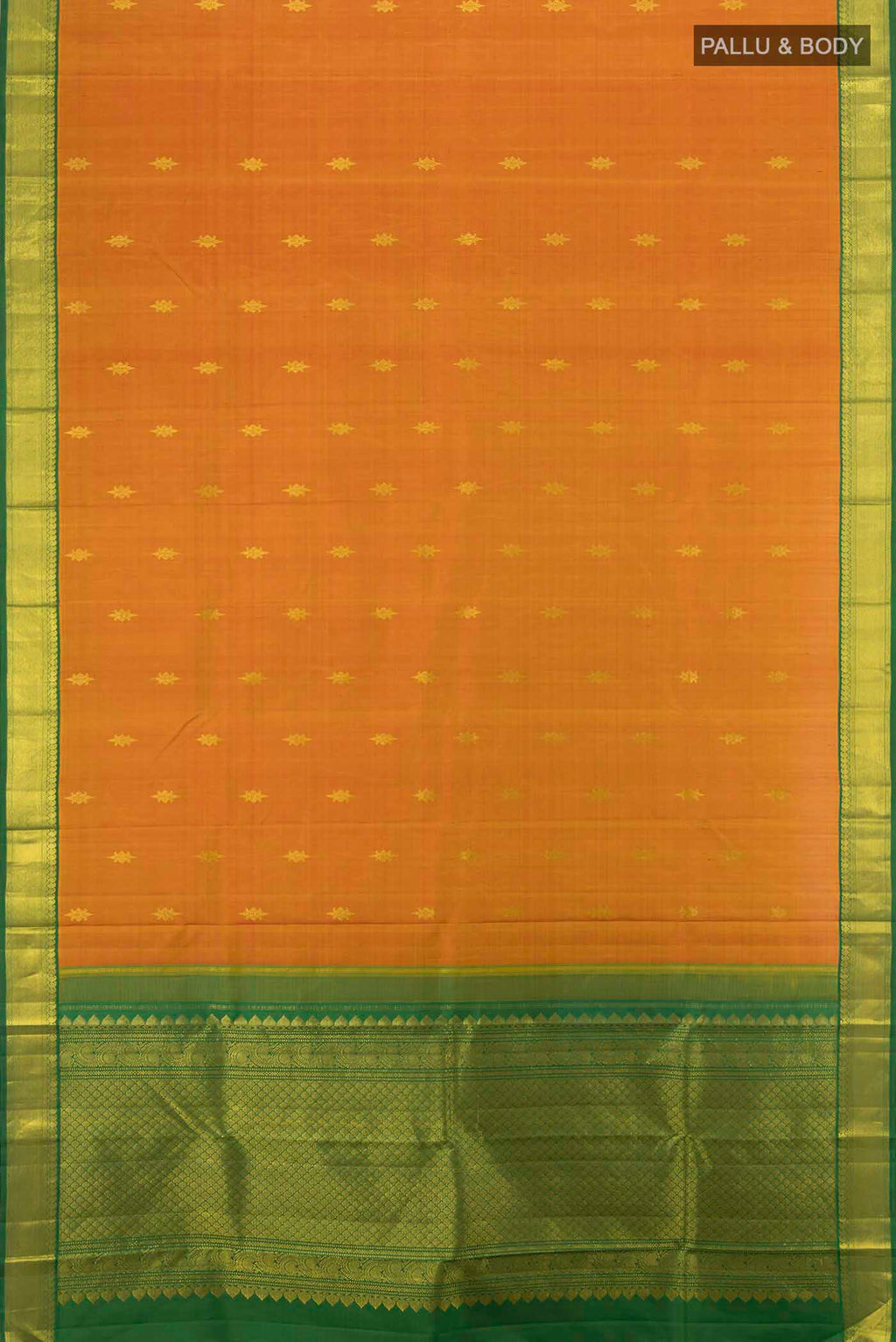 Flat view of Pure Silk Pure Zari Rust Kanjivaram Saree with Zari Butta on the body and Silk Border. 