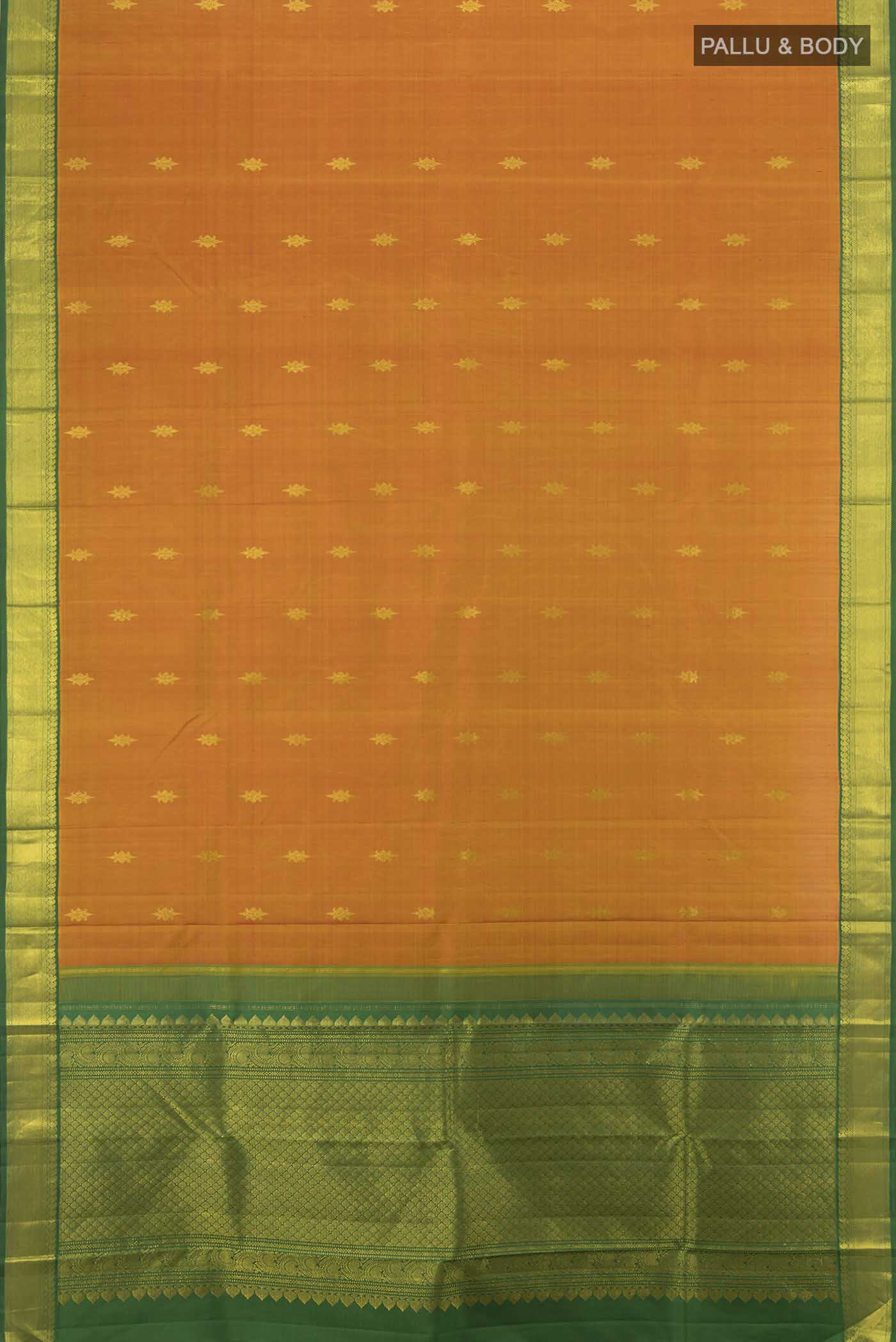 Flat view of Pure Silk Pure Zari Rust Kanjivaram Saree with Zari Butta on the body and Silk Border. 