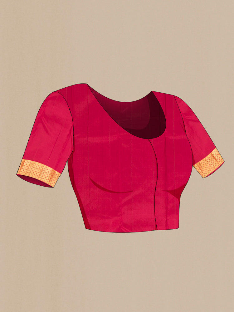 Close up image of the blouse of Davys Grey Kanjivaram Silk Saree with Zari Butta on the body and Silk Border. 