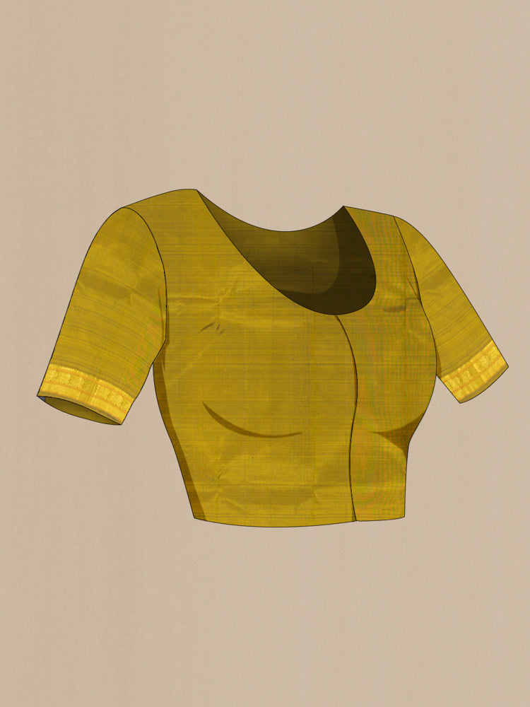 Close up image of the blouse of Yellow Kanchipuram Silk Saree with Zari Butta on the body and Silk Border. 