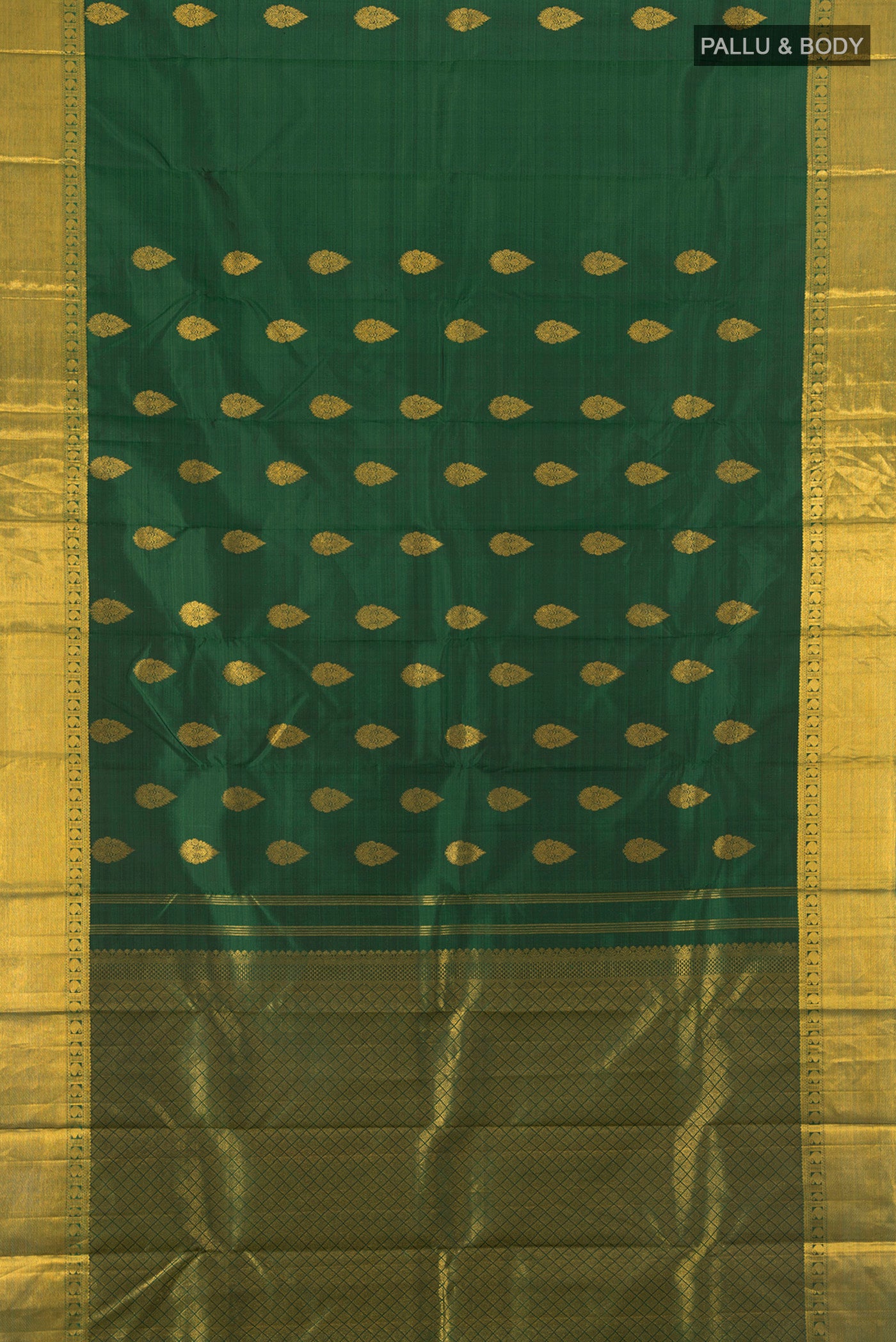 Flat view of Bottle Green Kanjivaram Silk Saree with Zari Butta on the body and Zari Border. 