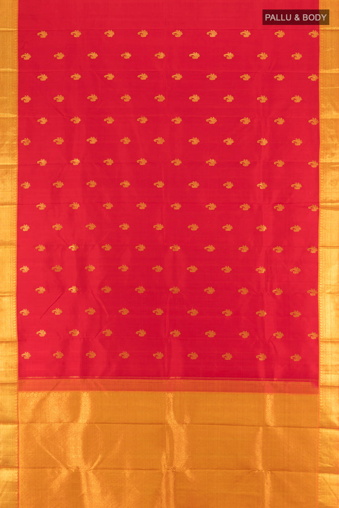 Flat view of Pure Silk Pure Zari Red Kanjivaram Saree with Zari Butta on the body and Silk Border. 