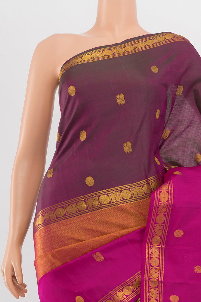 Border image of Golden Kanjivaram Silk Saree with Zari Butta on the body and Silk Border. 