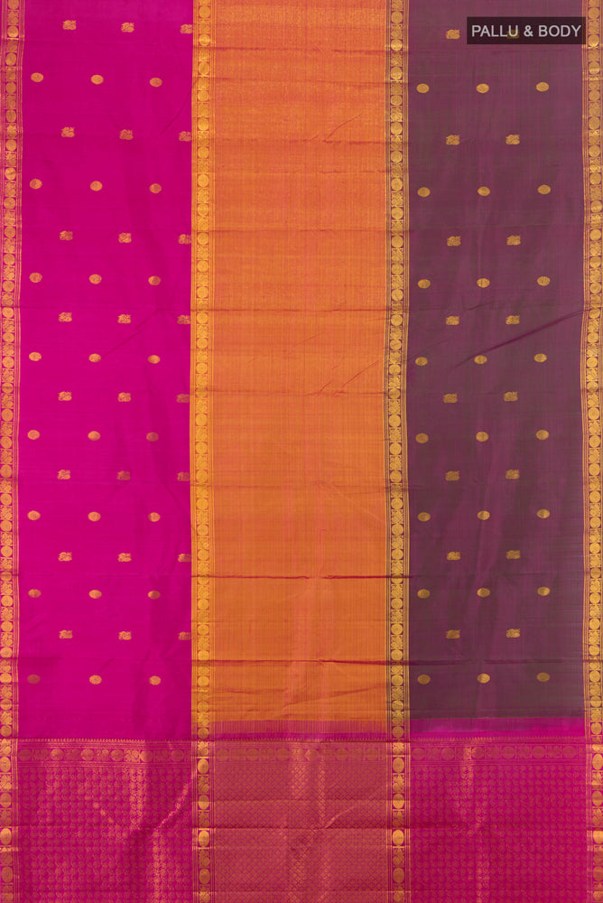 Flat view of Golden Kanjivaram Silk Saree with Zari Butta on the body and Silk Border. 