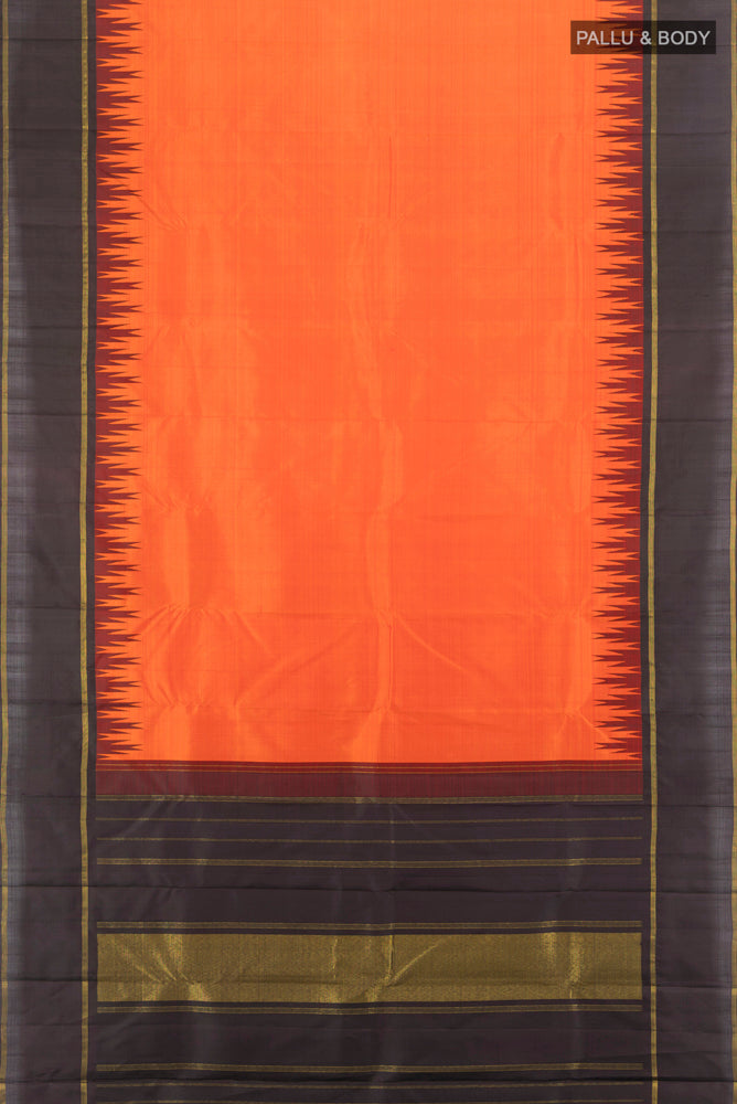 Flat view of Orange Kanchipuram Silk Saree with Zari Butta on the body and Silk Border. 