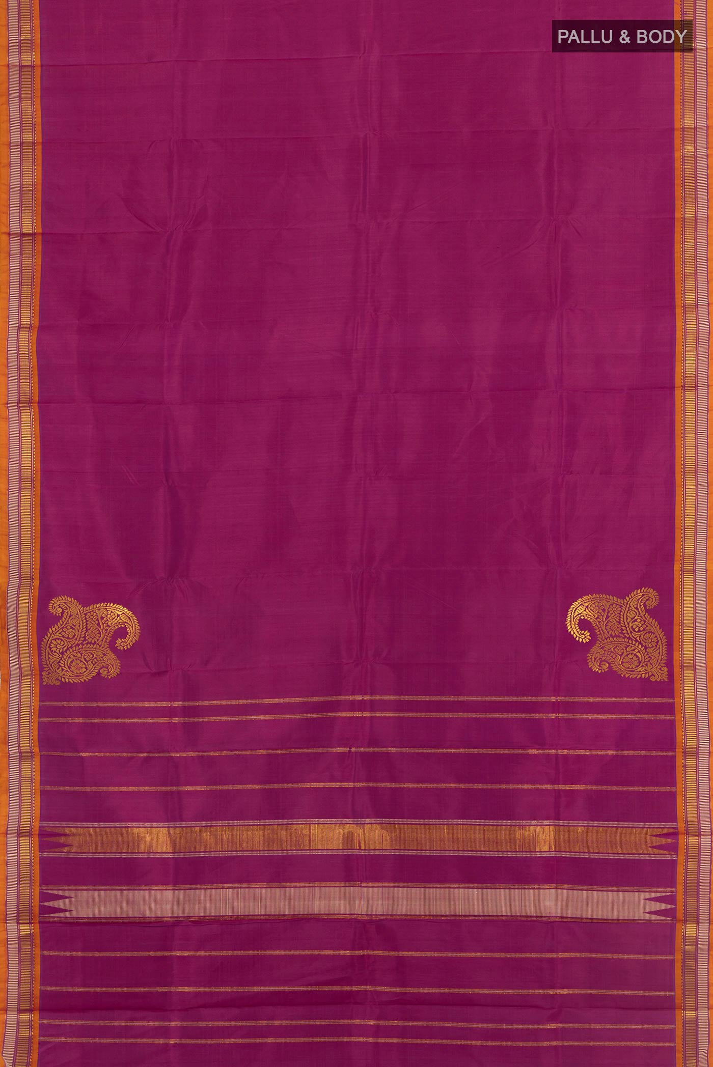 Flat view of Purple Kanchipuram Silk Saree with Zari Butta on the body and Silk Border. 