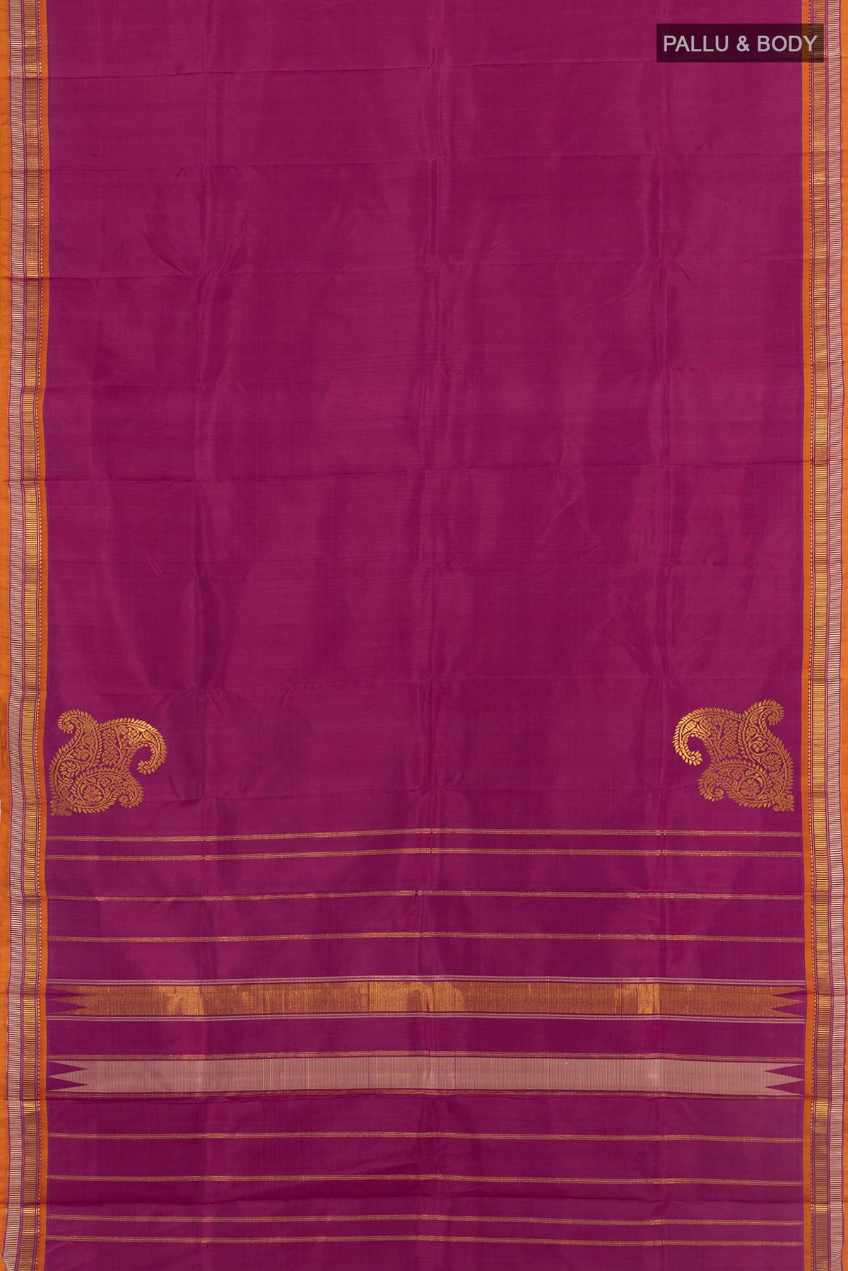Flat view of Purple Kanchipuram Silk Saree with Zari Butta on the body and Silk Border. 