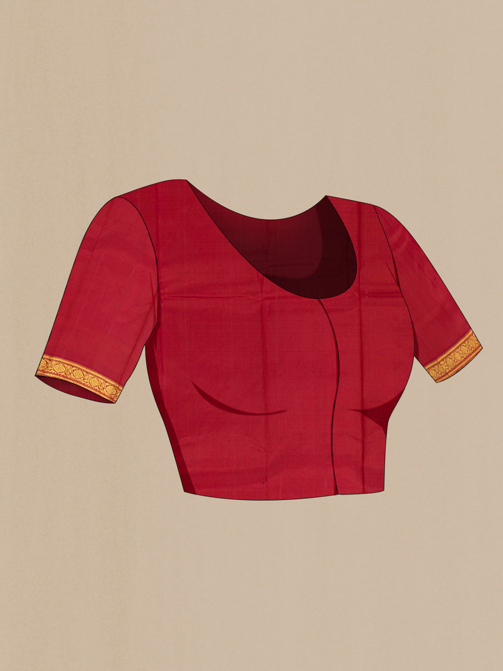Close up image of the blouse of Maroon Kanjivaram Silk Saree with Zari Butta on the body and Silk Border. 