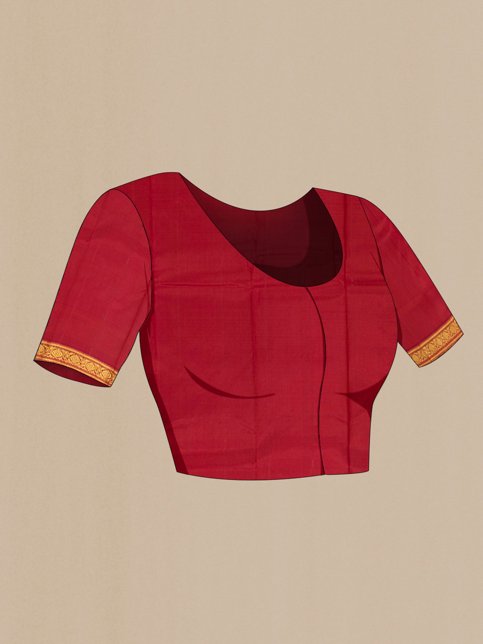 Close up image of the blouse of Maroon Kanjivaram Silk Saree with Zari Butta on the body and Silk Border. 