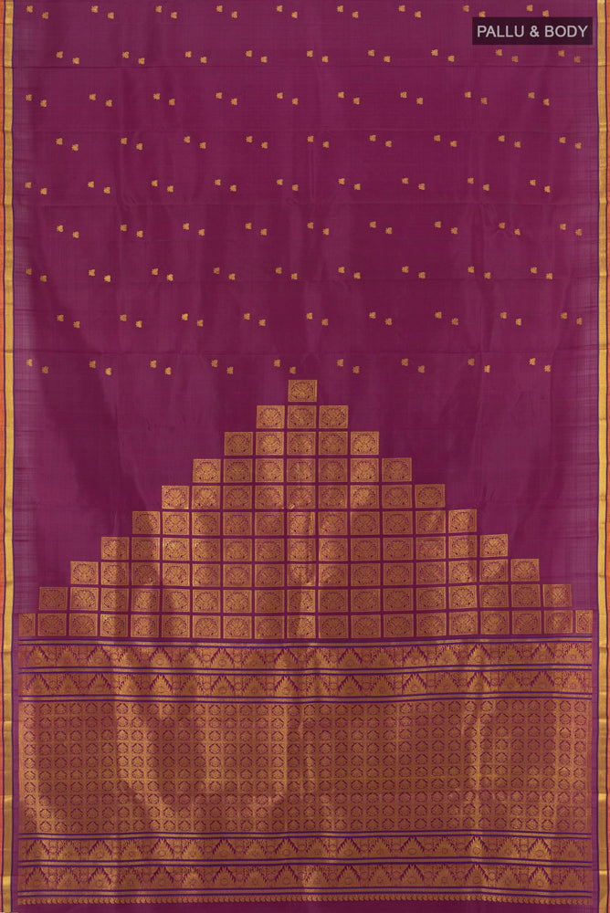 Flat view of Purple Kanjivaram Silk Saree with Zari Butta on the body and Silk Border. 