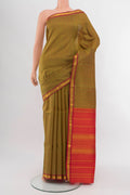 Multi Color Kanchipuram Silk Saree with Checked design on the body and Silk Border.  displayed on a mannequin