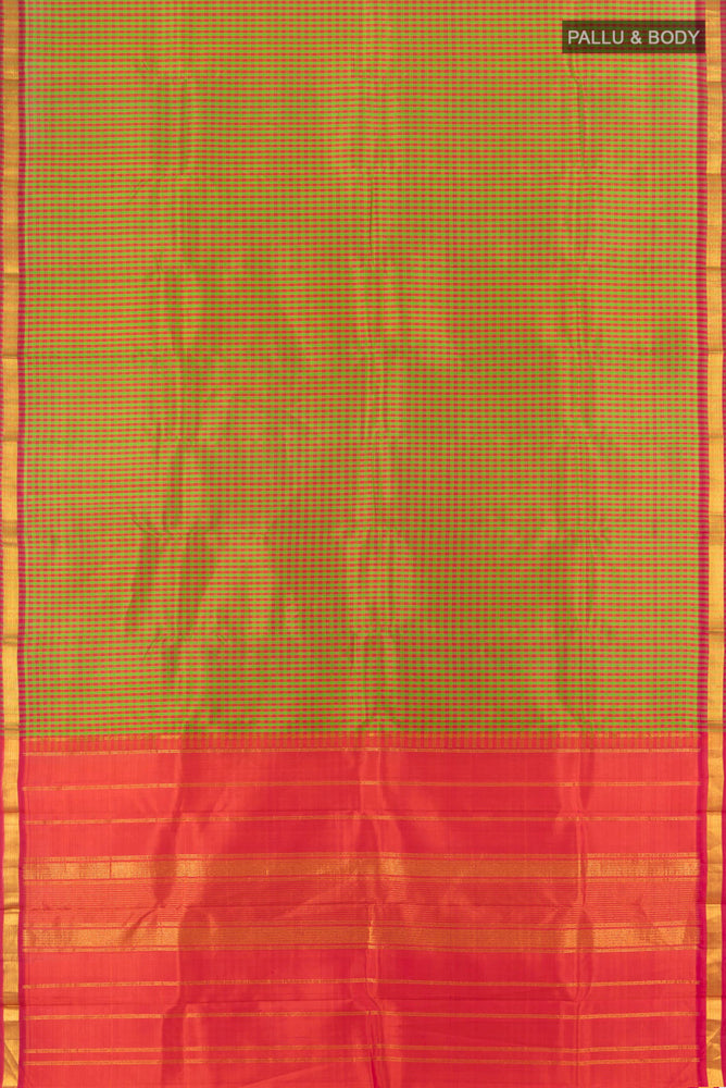 Flat view of Multi Color Kanchipuram Silk Saree with Checked design on the body and Silk Border. 