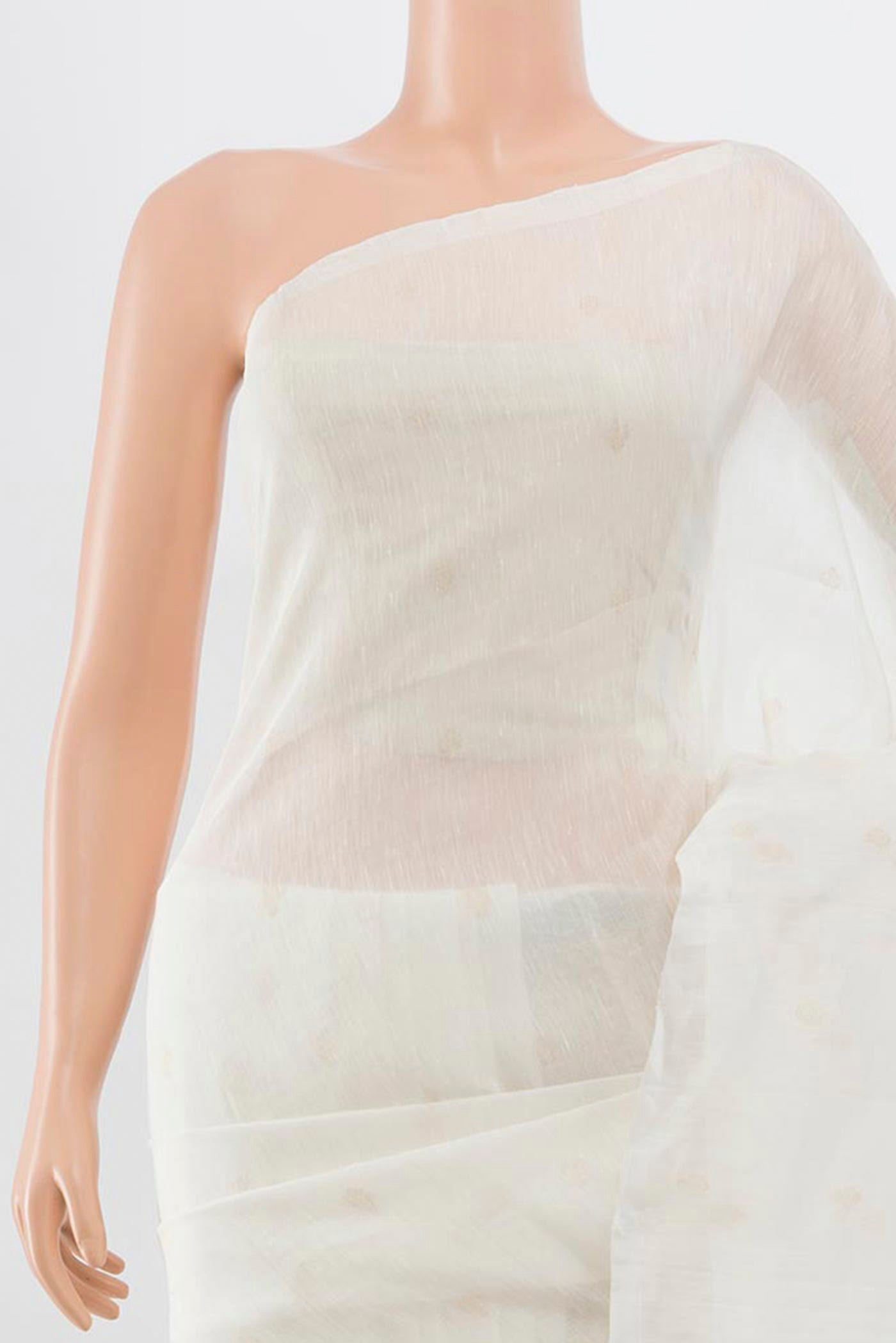 Border image of White Soft Silk Saree with Zari Butta on the body and Without Border