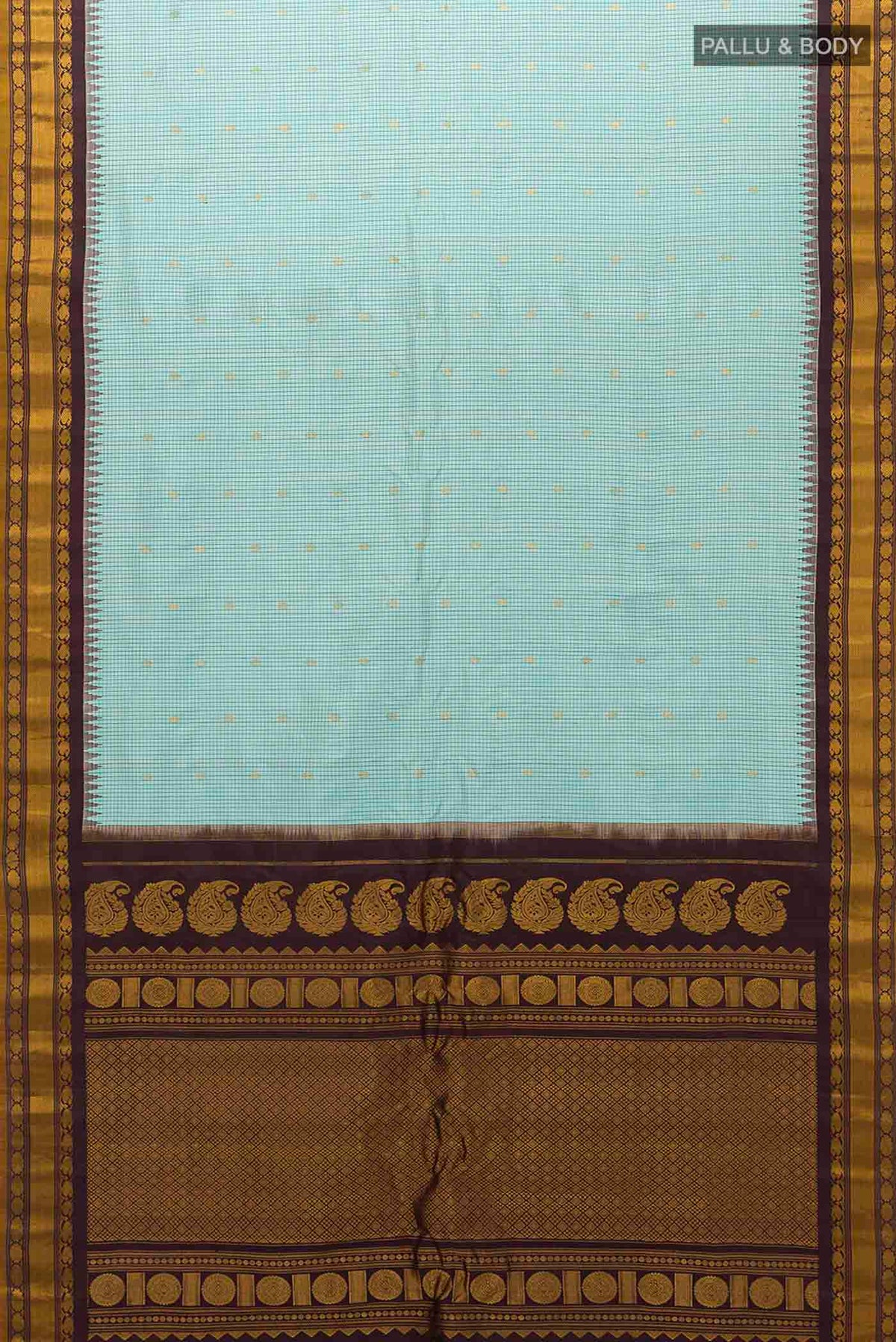Flat view of Sky Blue Gadwal Silk Saree with Zari Butta on the body and Zari Border