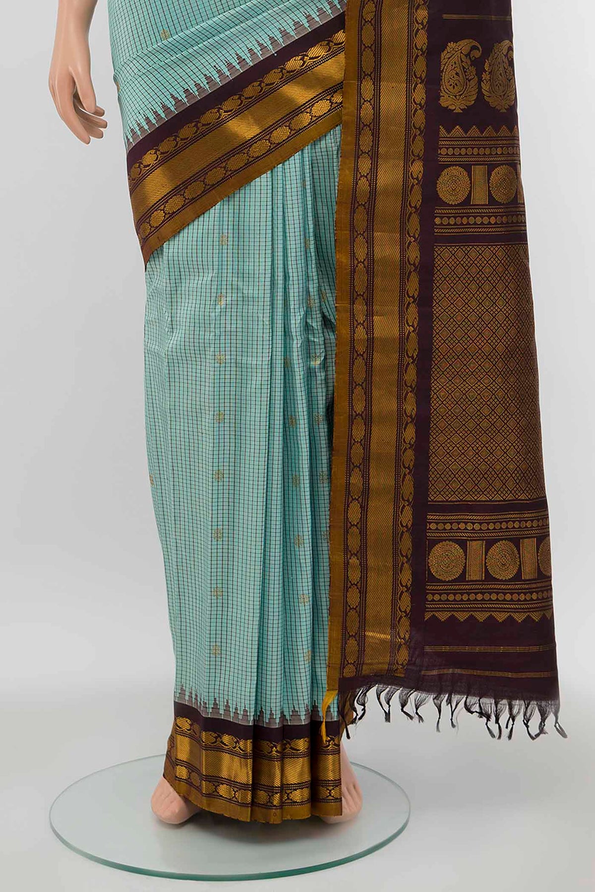 Pleats and pallu of Sky Blue Gadwal Silk Saree with Zari Butta on the body and Zari Border