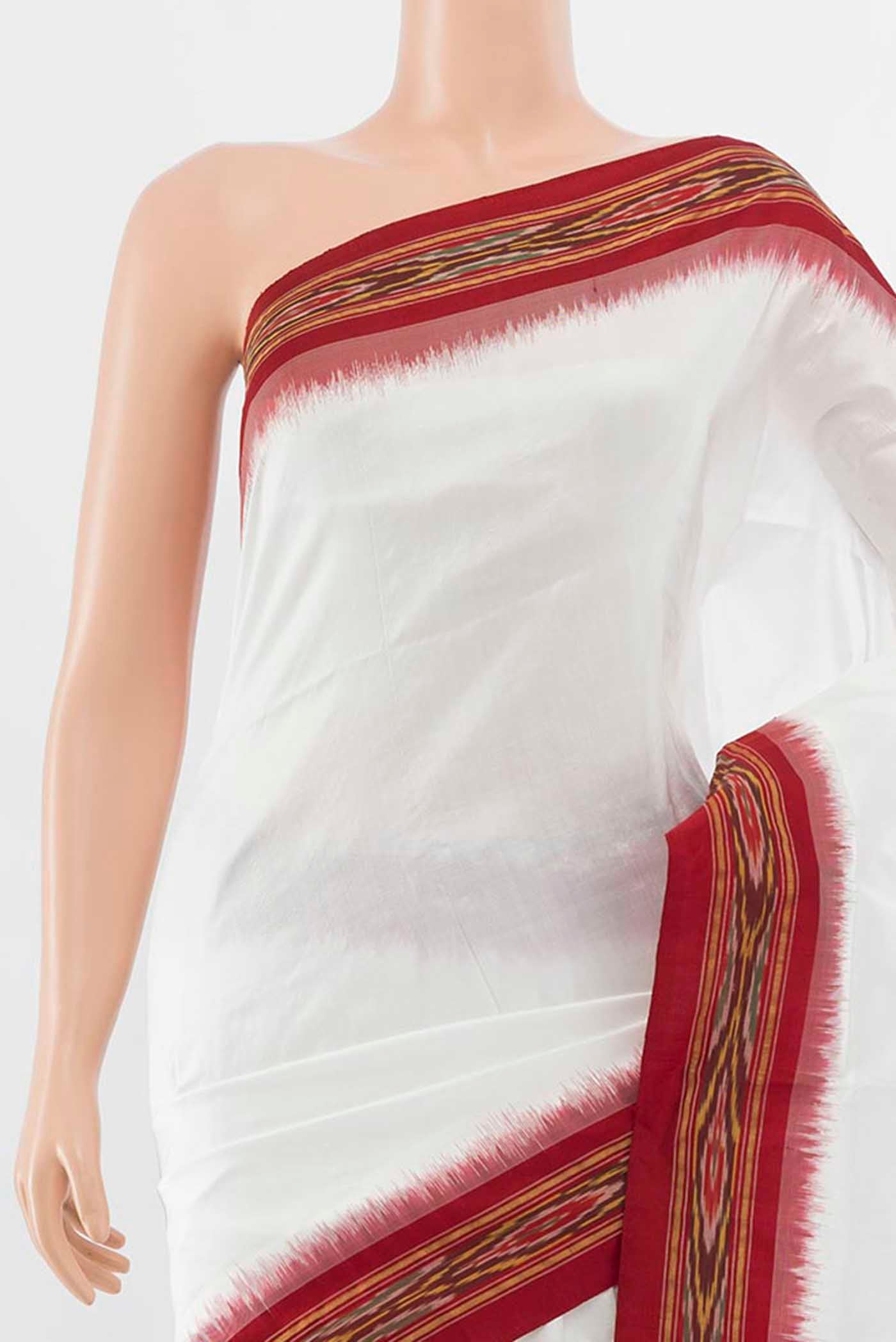 Border image of White Pochampally Saree with Plain Body and Ikat Border