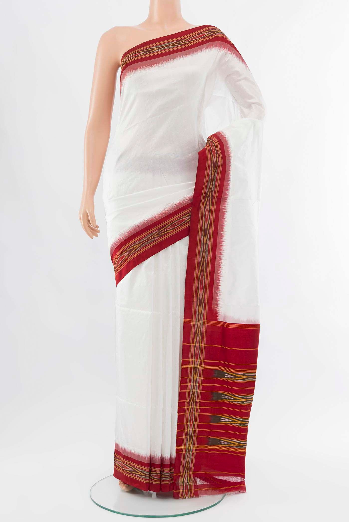 White Pochampally Saree with Plain Body and Ikat Border displayed on a mannequin