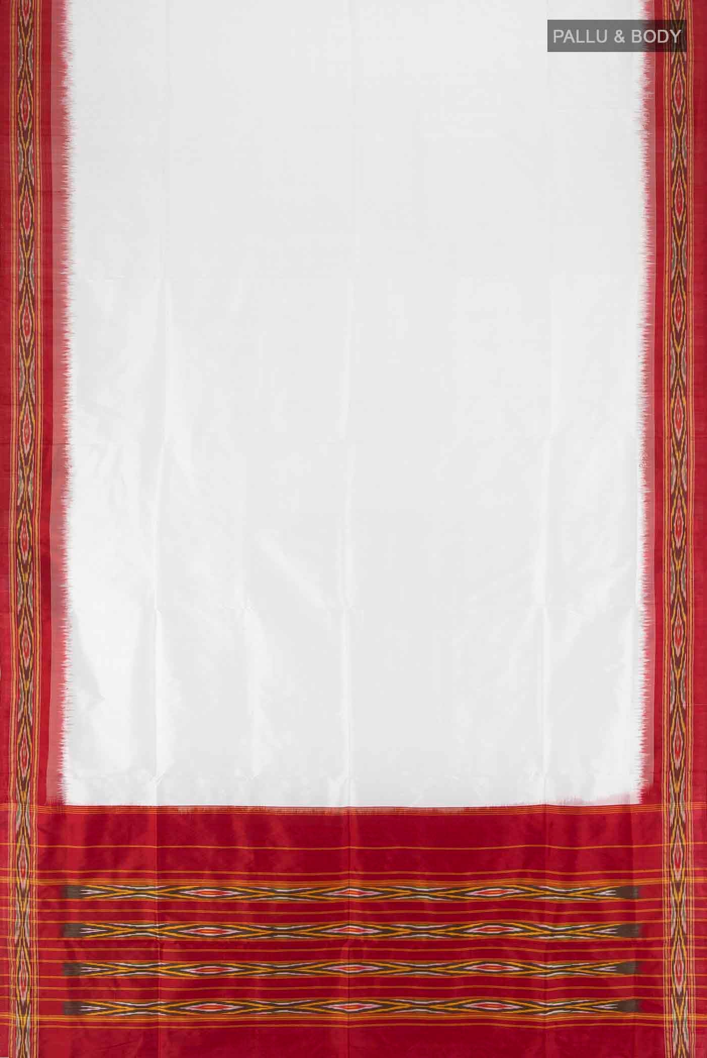 Flat view of White Pochampally Saree with Plain Body and Ikat Border