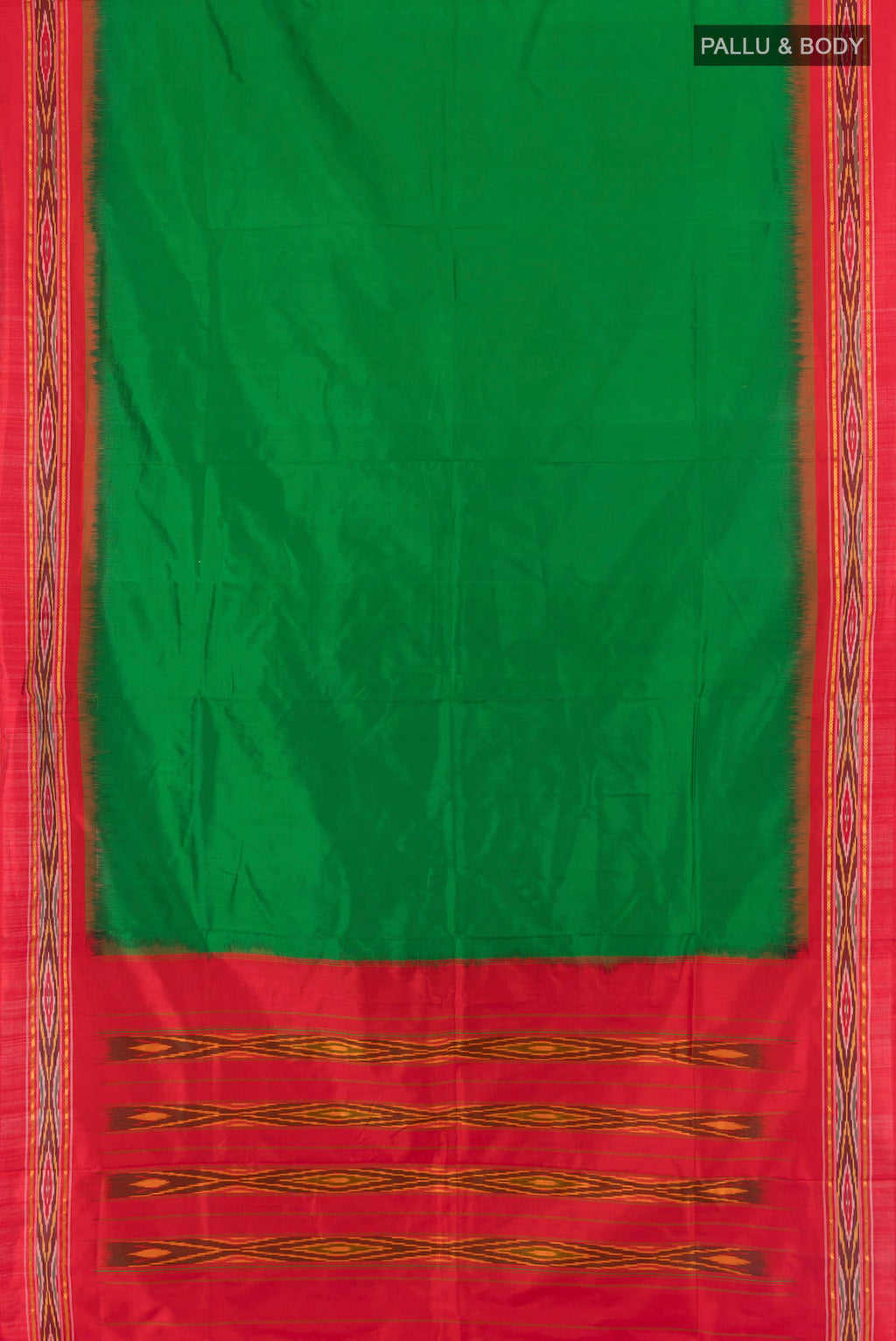 Flat view of Pure Silk Green Pochampally Saree with Pure Ikat on the body and Ikat Border. 