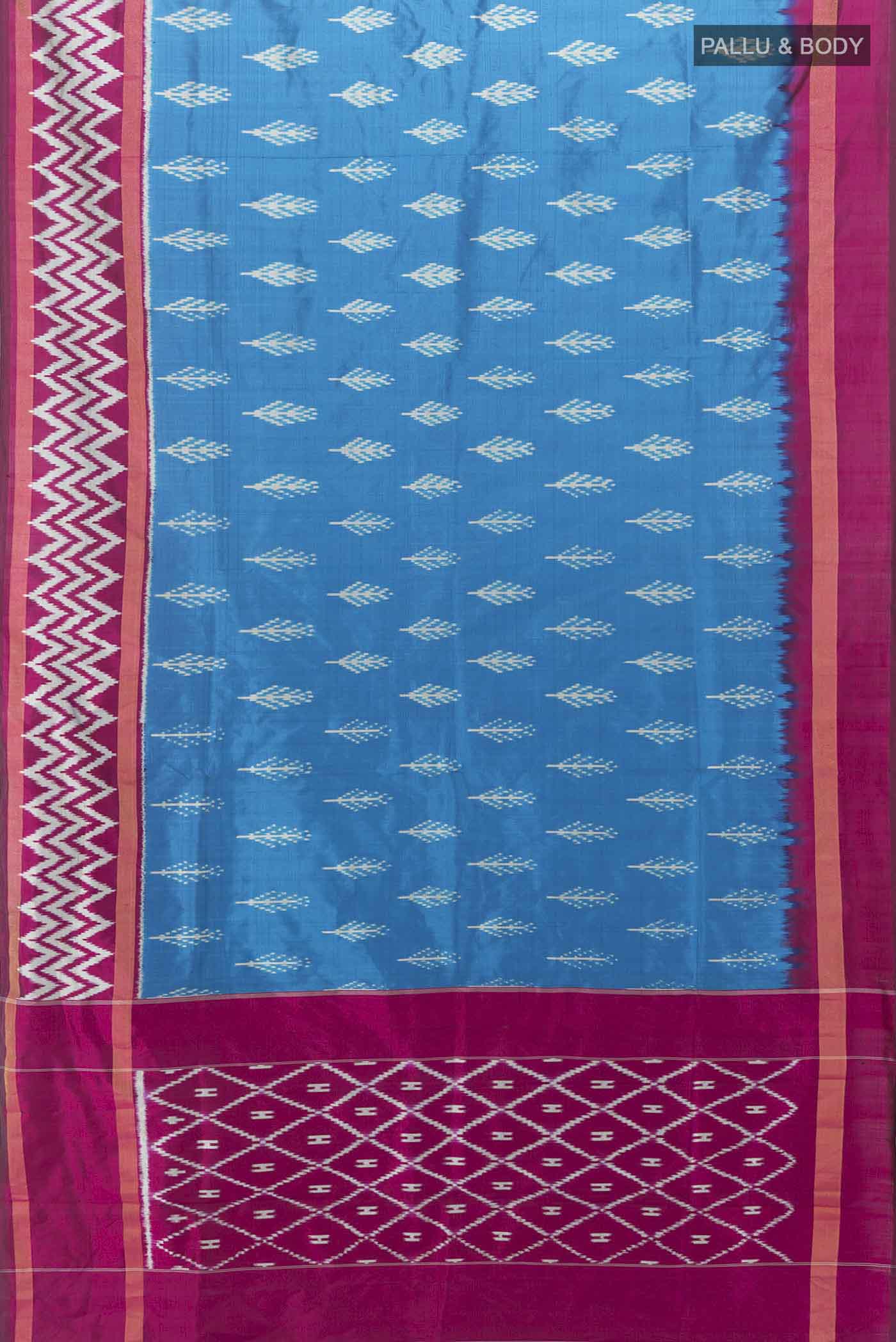Flat view of Dark Blue Pochampally Saree with Ikat Print on the body and Zari Border. 
