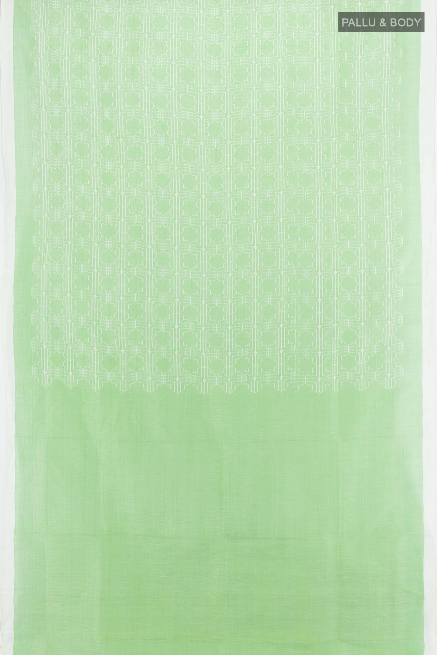 Flat view of Light Green Pochampally Saree with Ikat Print on the body and Silk Border. 