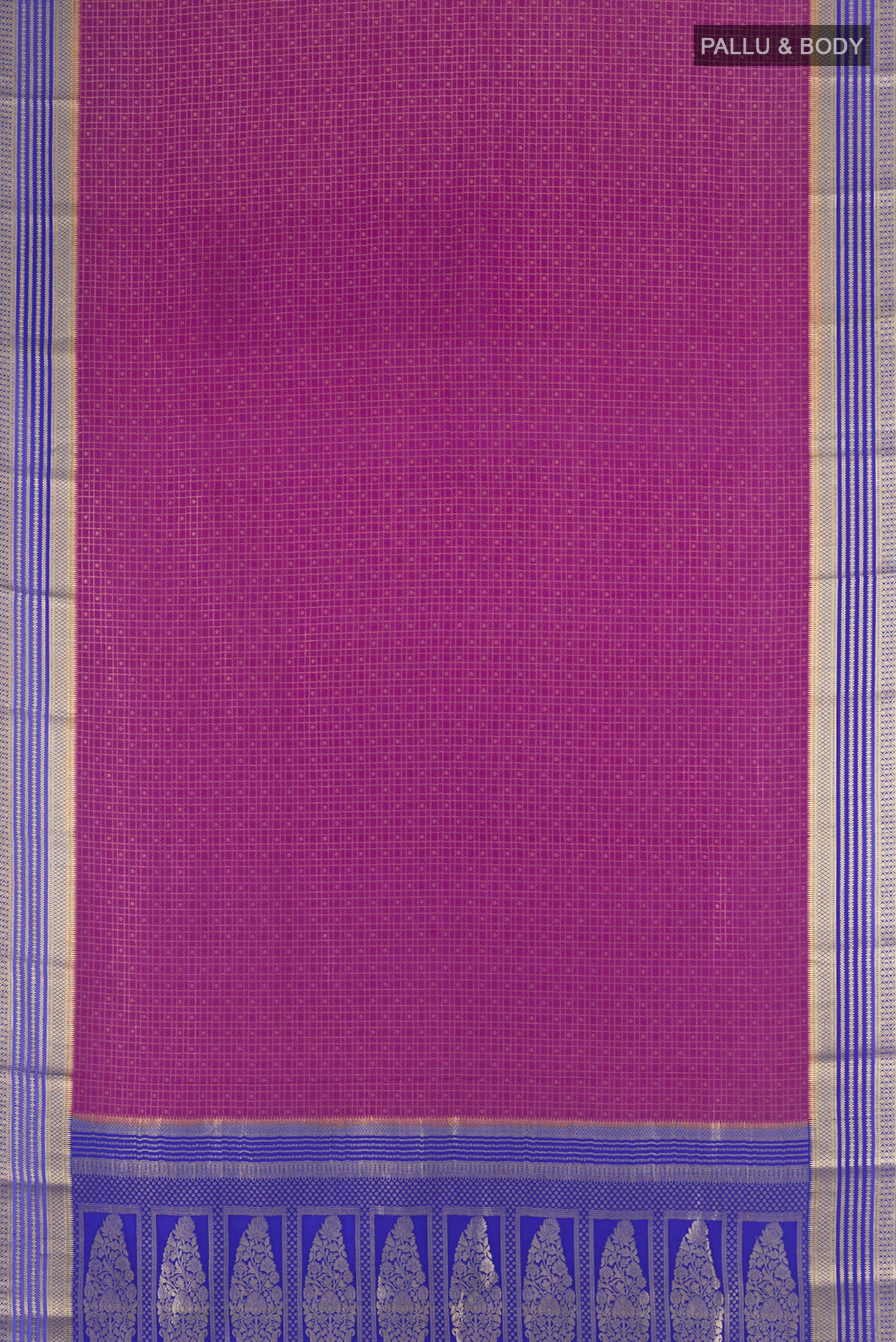 Flat view of Purple Mysore Crepe Saree with Zari Butta on the body and Zari Border. 