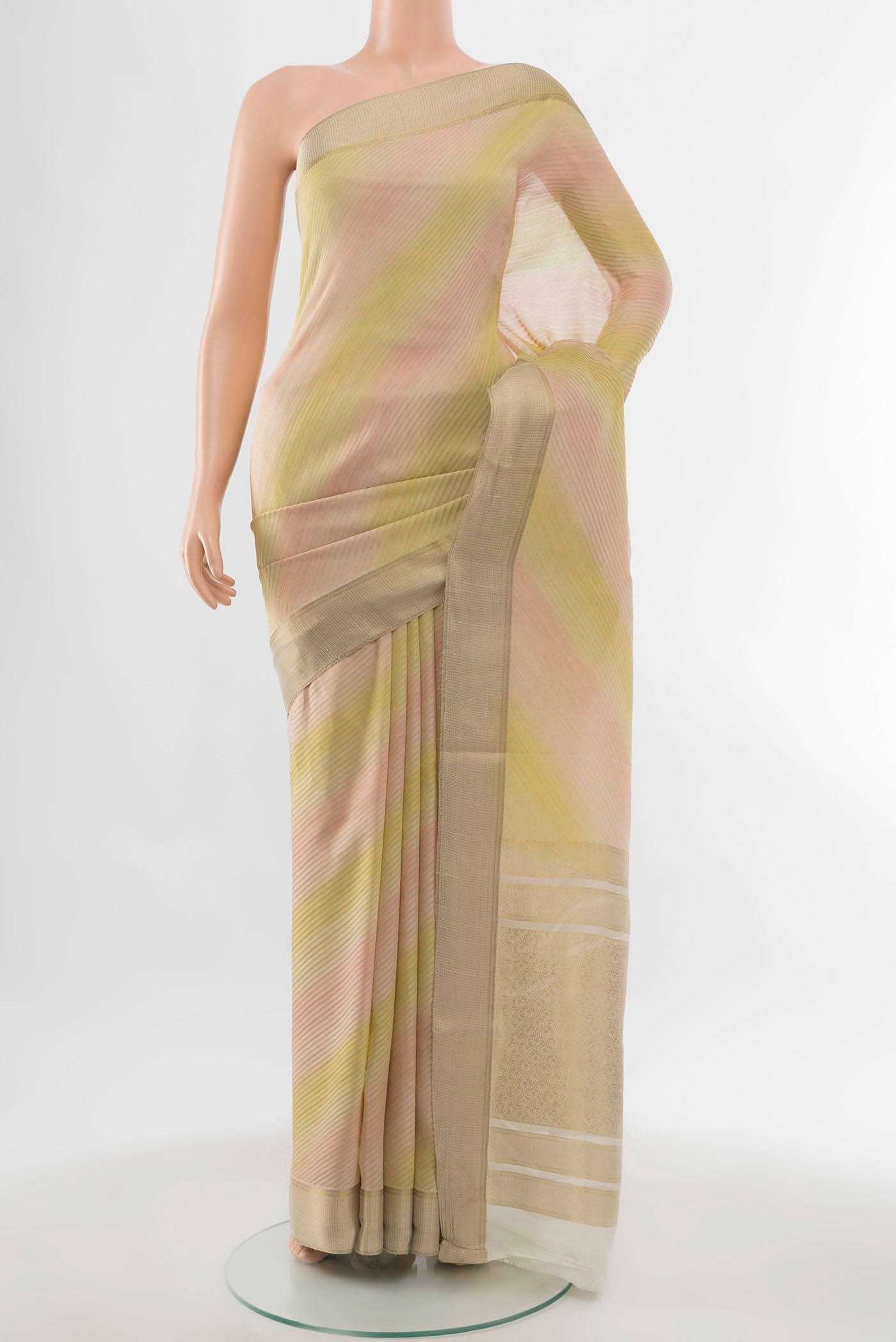 Multi Color Mysore Georgette Saree with Stripes on the body and Zari Border displayed on a mannequin