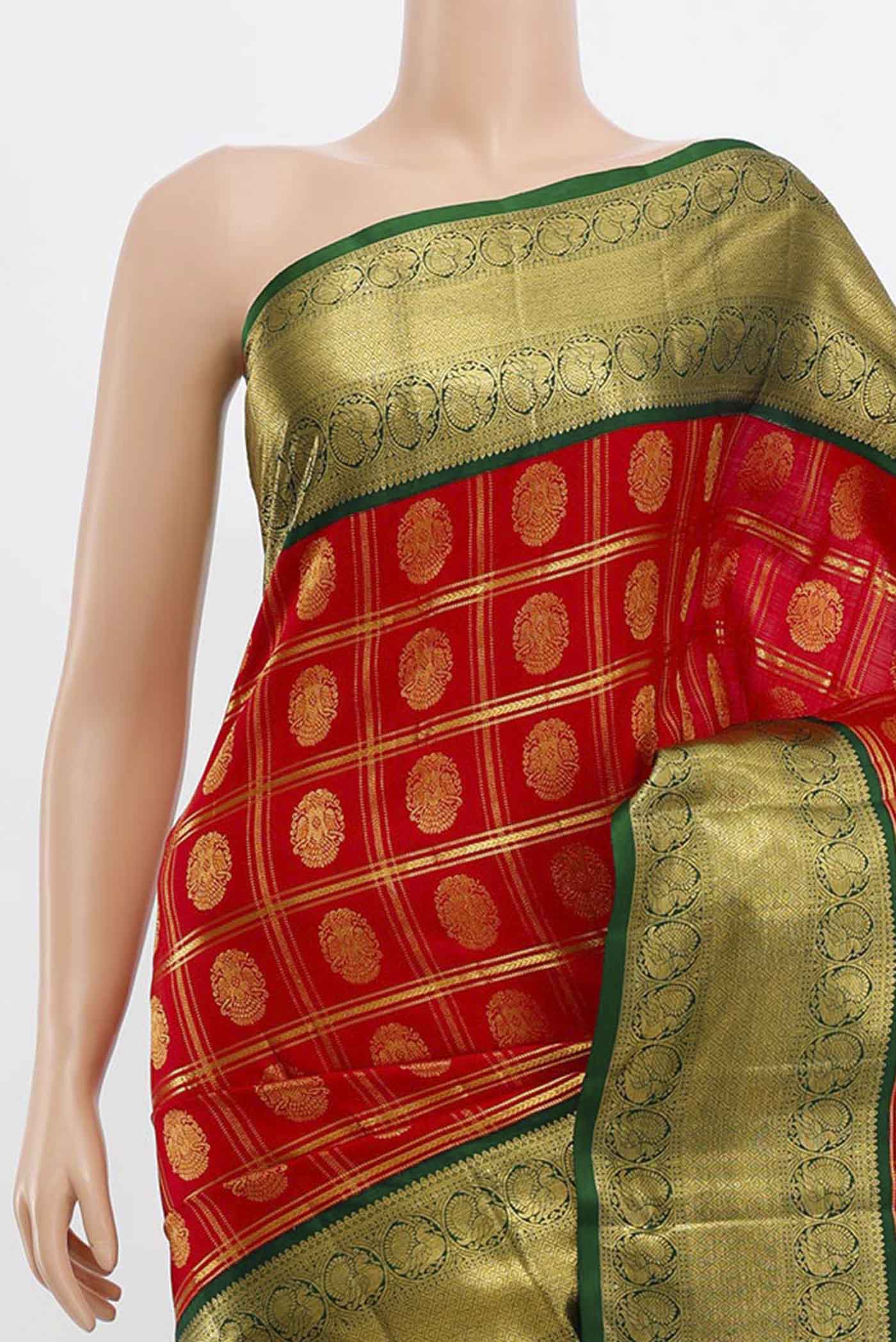 Border image of Red Kanchipuram Silk Saree with Zari Butta on the body and Silk Border. 