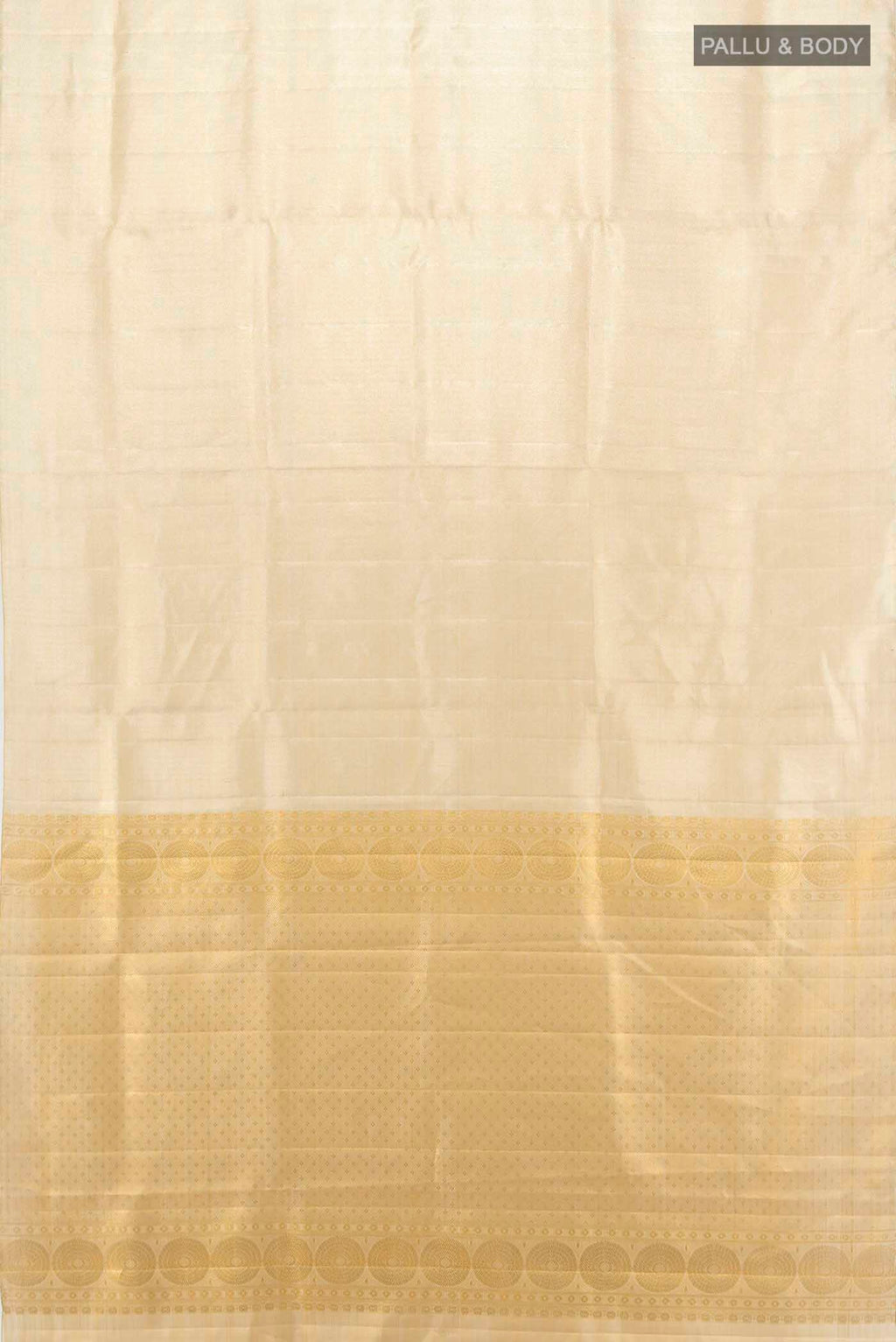 Flat view of Golden Kanchipuram Silk Saree with Zari Butta on the body and Silk Border