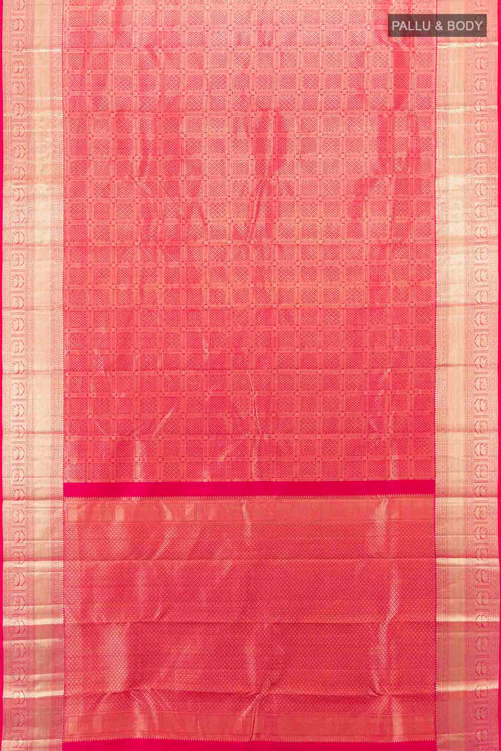 Flat view of Dark Pink Kanchipuram Silk Saree with Zari Butta on the body and Zari Border. 