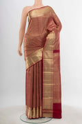 Maroon Kanchipuram Silk Saree with Zari Butta on the body and Silk Border.  displayed on a mannequin