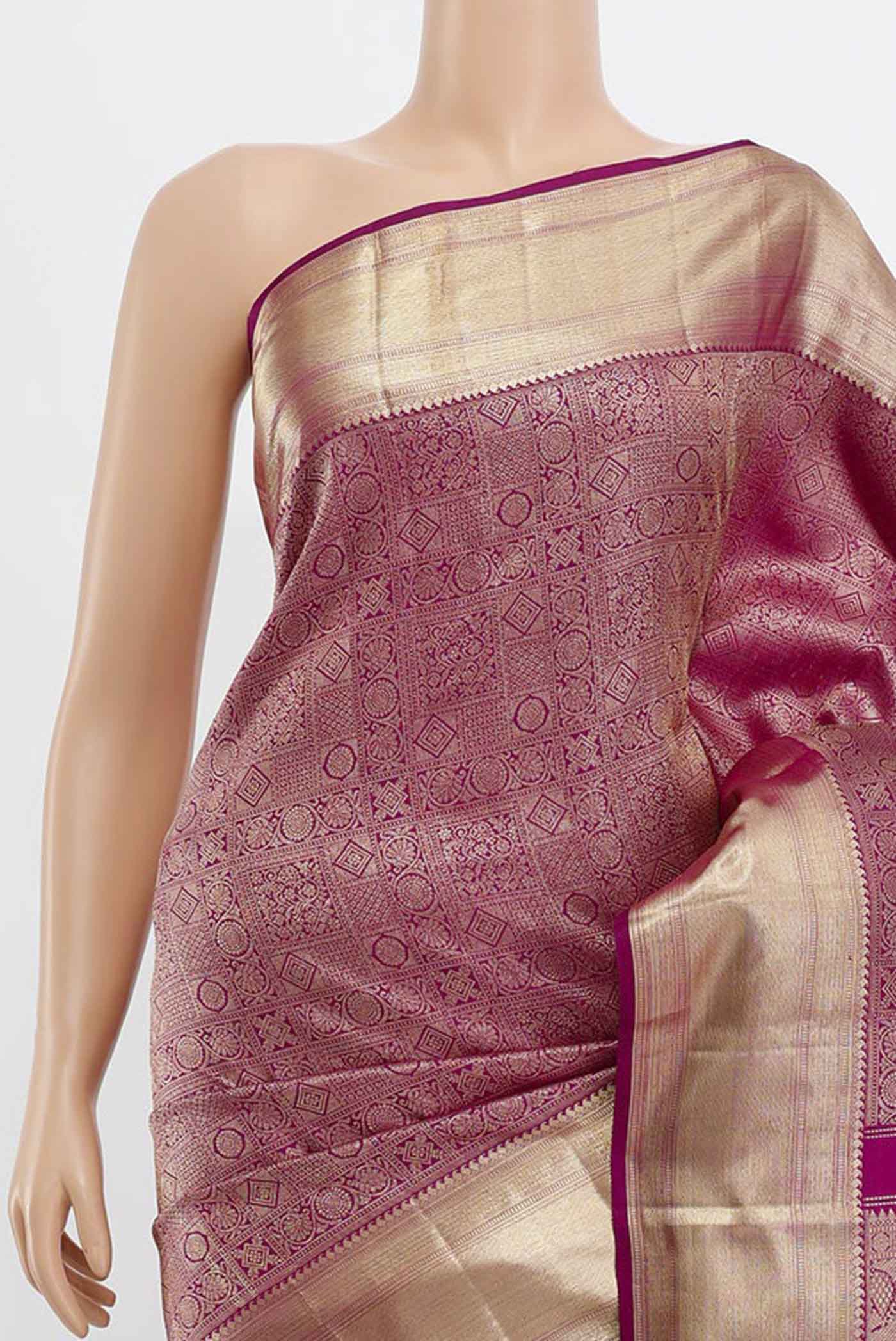 Border image of Purple Kanchipuram Silk Saree with Zari Butta on the body and Silk Border. 