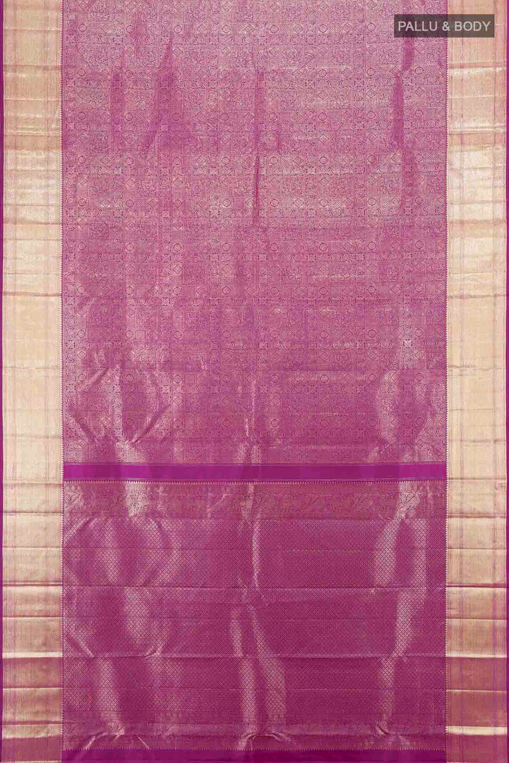 Flat view of Purple Kanchipuram Silk Saree with Zari Butta on the body and Silk Border. 