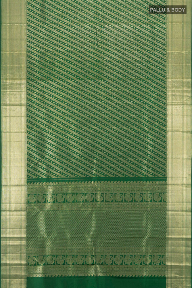 Flat view of Pure Silk Pure Zari Mint Green Kanchipuram Saree with Zari Butta on the body and Silk Border. 