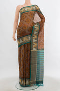 Brown Kora Cotton Saree with Ikat Print on the body and Silk Border.  displayed on a mannequin