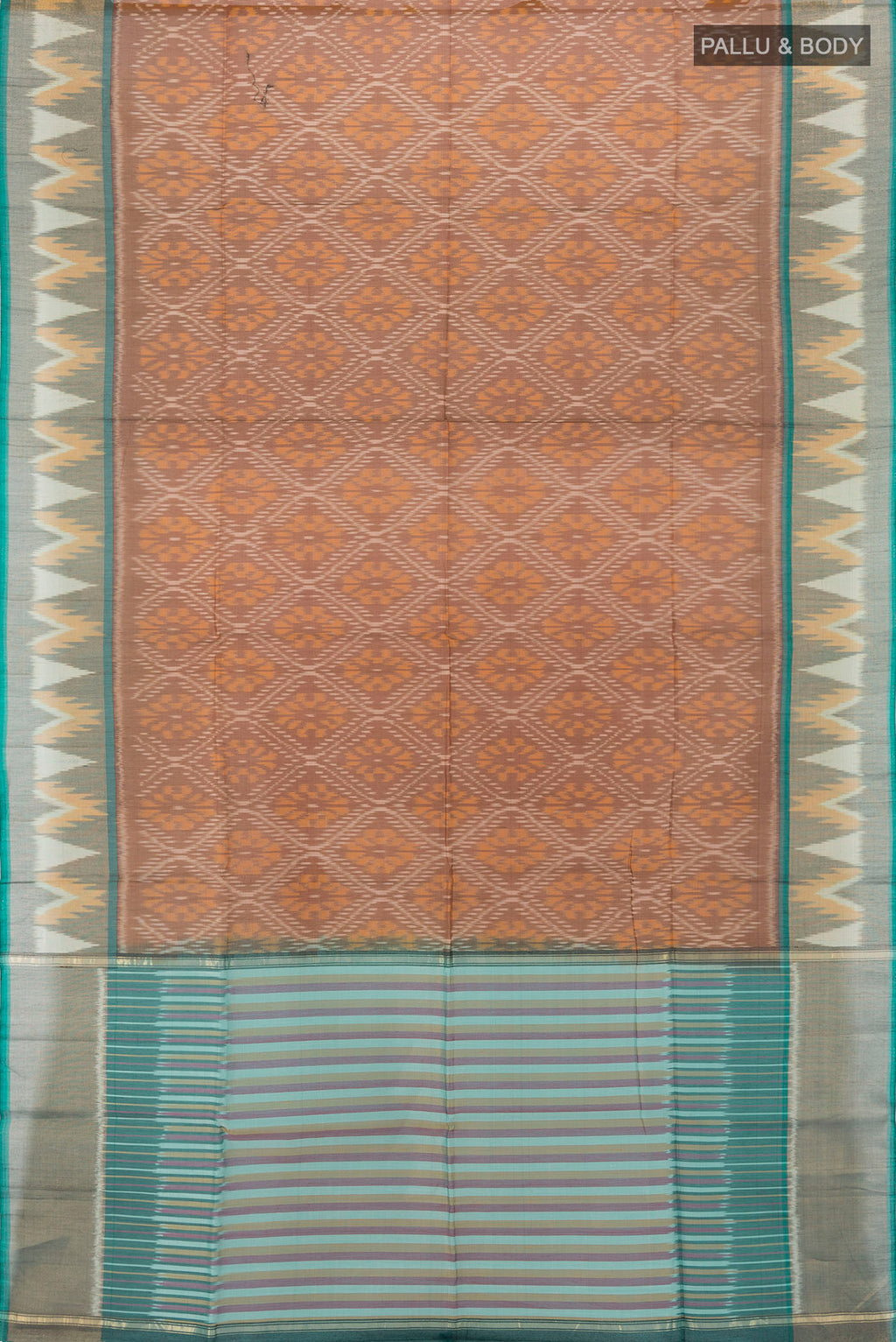 Flat view of Brown Kora Cotton Saree with Ikat Print on the body and Silk Border. 