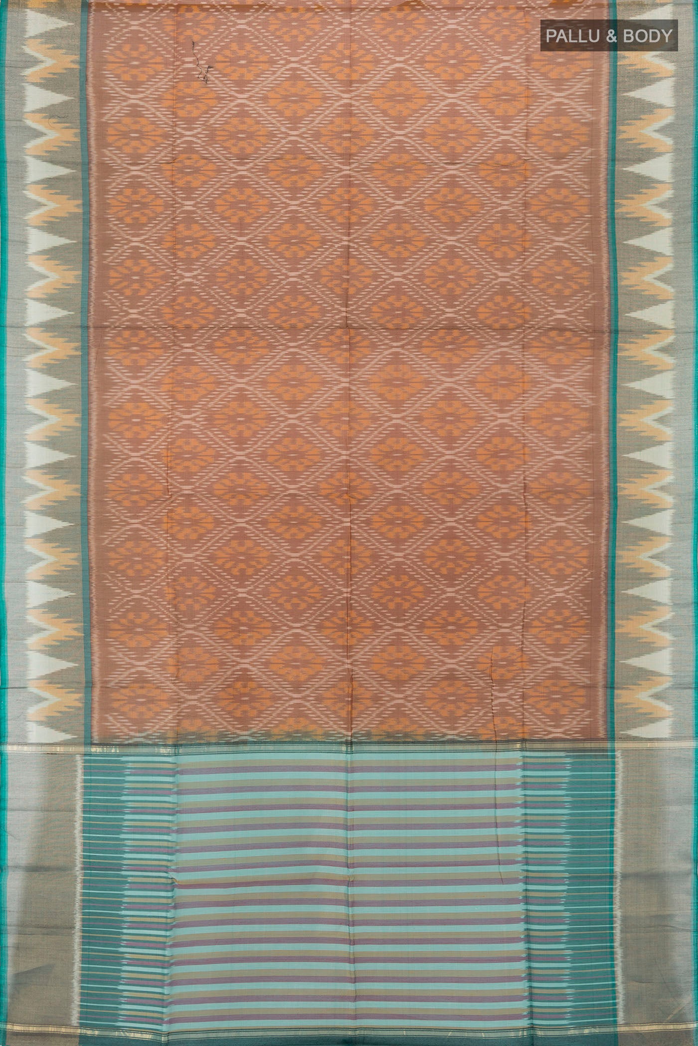Flat view of Brown Kora Cotton Saree with Ikat Print on the body and Silk Border. 