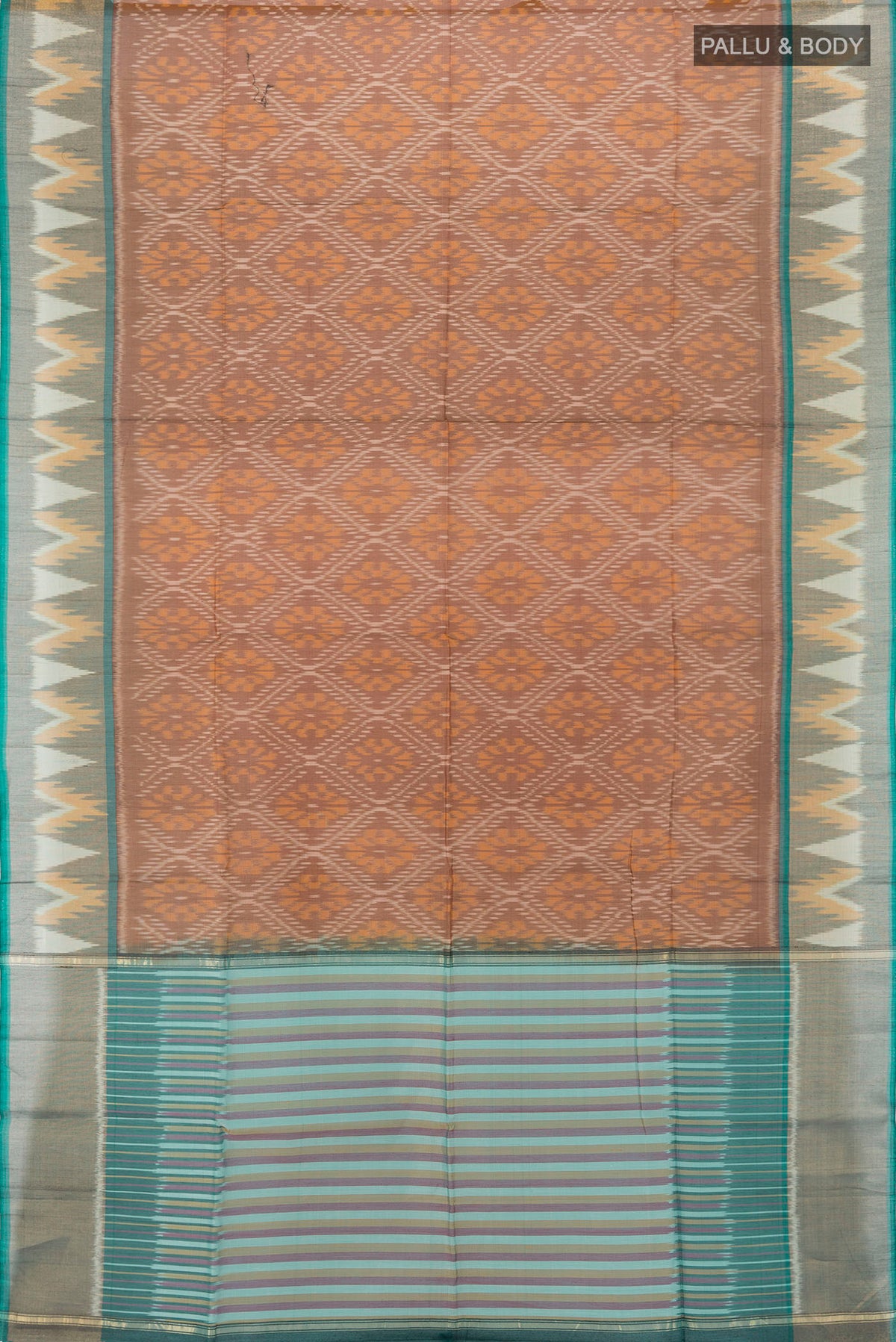 Flat view of Brown Kora Cotton Saree with Ikat Print on the body and Silk Border. 