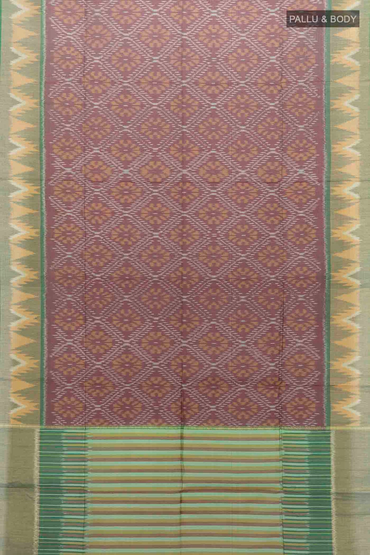 Flat view of Maroon Kora Cotton Saree with Ikat Print on the body and Silk Border