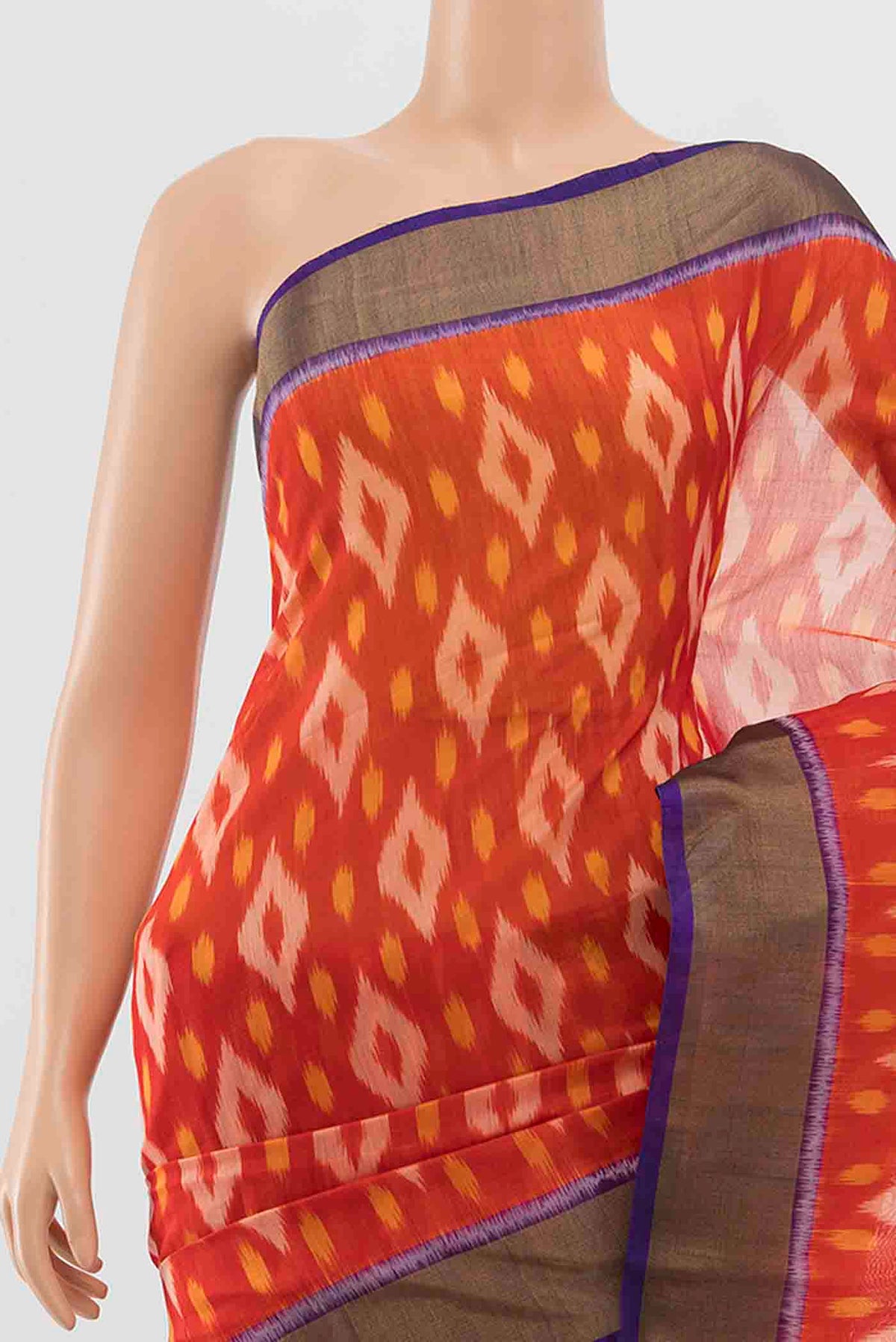 Border image of Red Kora Cotton Saree with Ikat Print on the body and Fancy Border