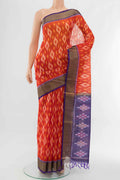 Red Kora Cotton Saree with Ikat Print on the body and Fancy Border displayed on a mannequin