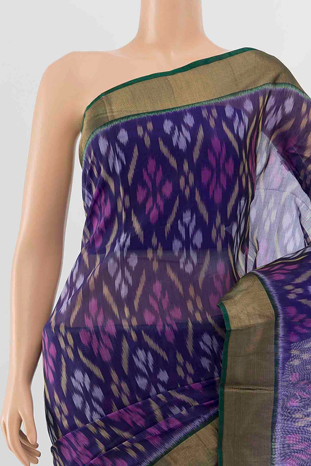 Border image of Blue Kora Cotton Saree with Ikat Print on the body and Fancy Border