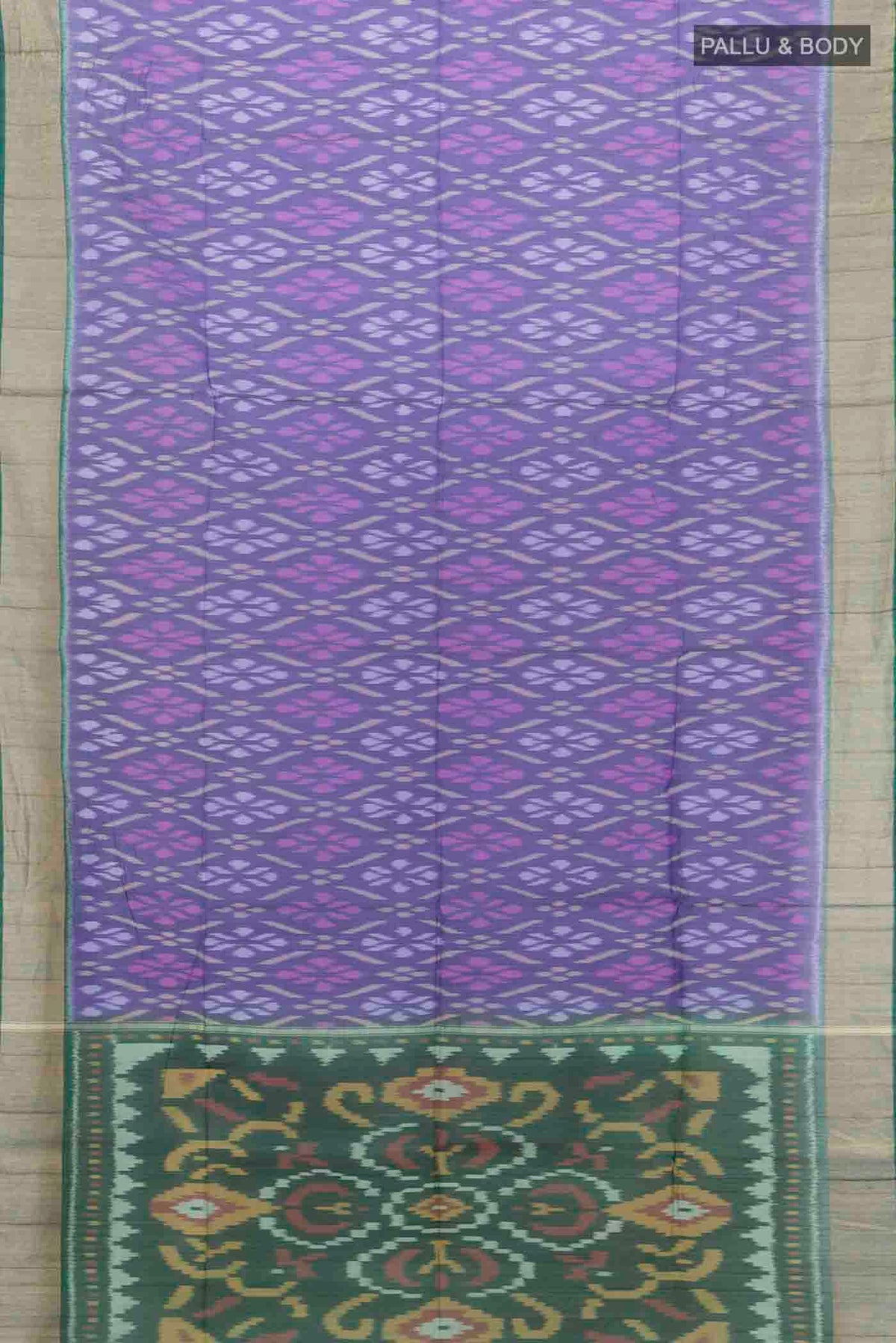 Flat view of Blue Kora Cotton Saree with Ikat Print on the body and Fancy Border