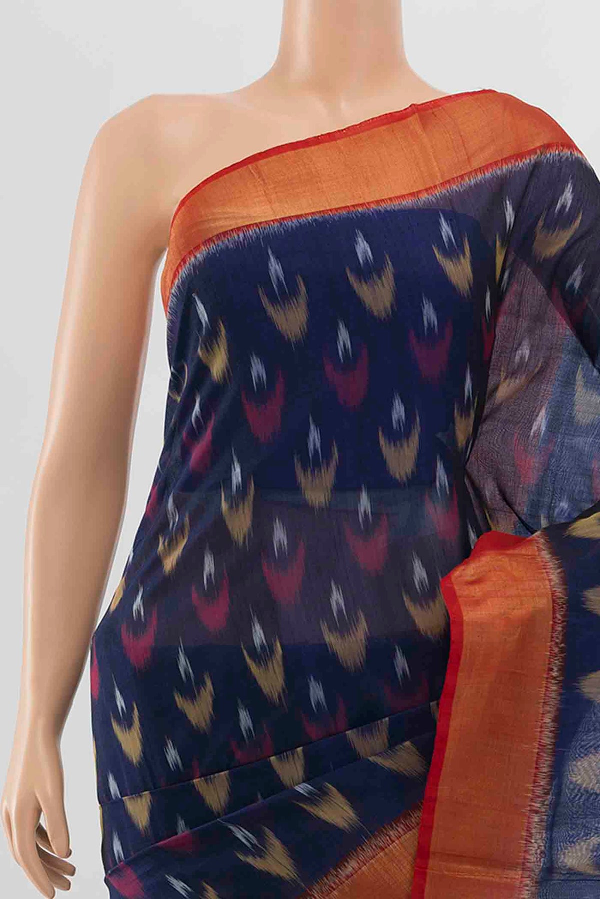 Border image of Navy Blue Kora Cotton Saree with Ikat Print on the body and Fancy Border