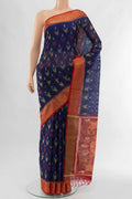 Navy Blue Kora Cotton Saree with Ikat Print on the body and Fancy Border displayed on a mannequin