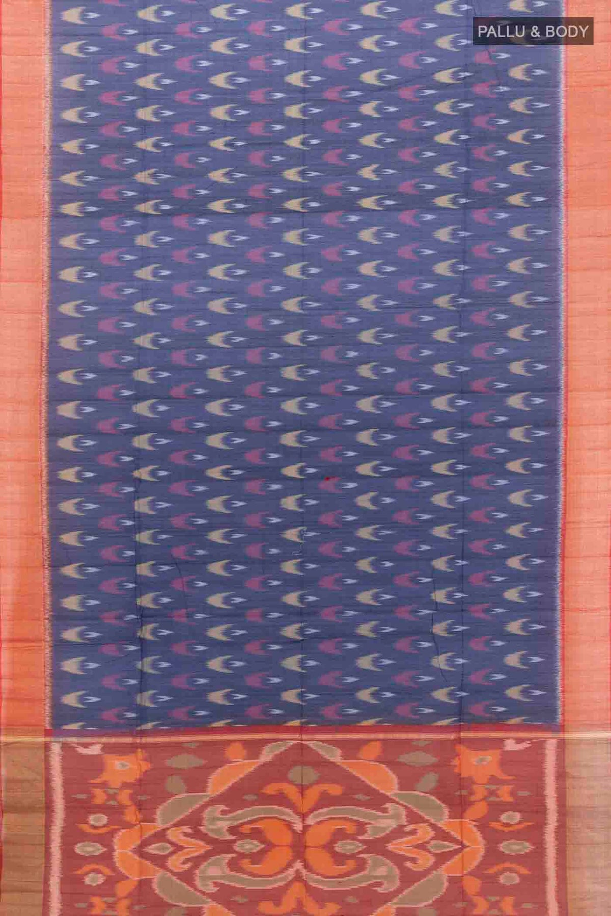Flat view of Navy Blue Kora Cotton Saree with Ikat Print on the body and Fancy Border